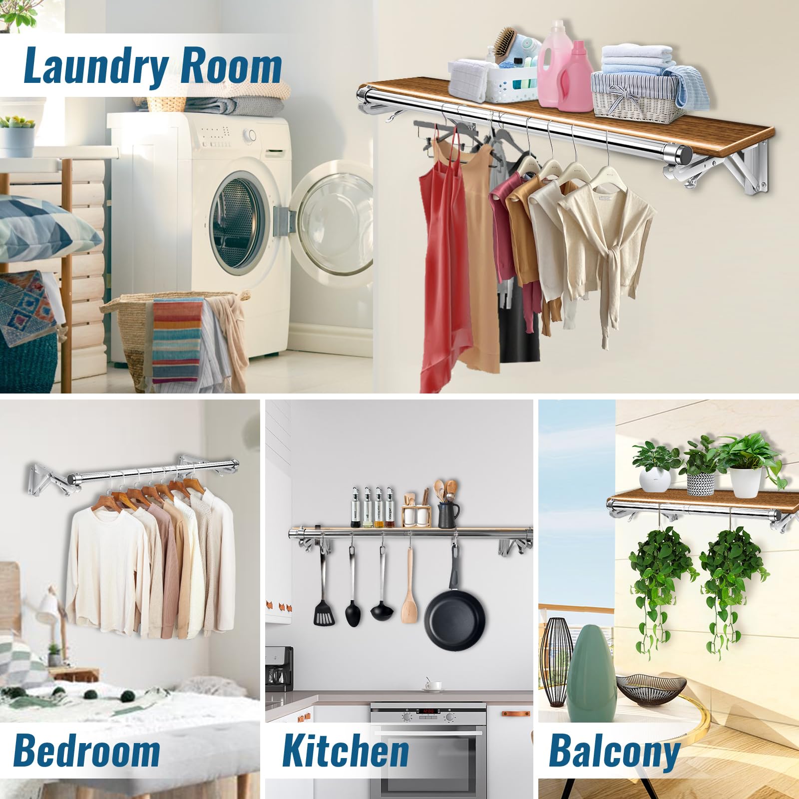 Foldable Wall Mounted Clothes Rack-44'' Long Rod&2 Bases,Stainless Steel, Heavy Duty,Detachable,Multi-Purpose For Space-Saving G