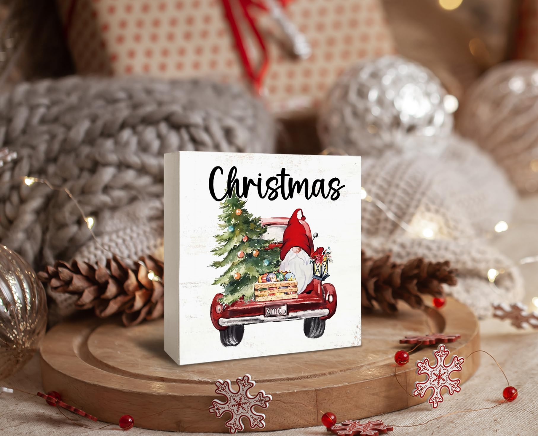 XDFVL Gnome Christmas Decorations Wooden Box Sign Desk Decor, Red Truck With Gnome, Christmas Gnomes Decorations Indoor, Christm