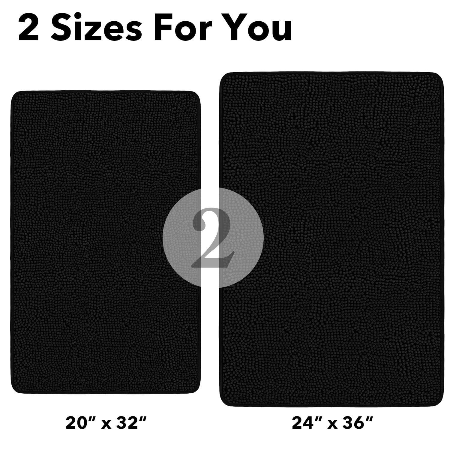 Pureswan Black Bathroom Rugs Sets 2 Piece - Absorbent And Washable Bath Mat, Non-Slip, Thick Soft Chenille Bath Rugs For Bathroo