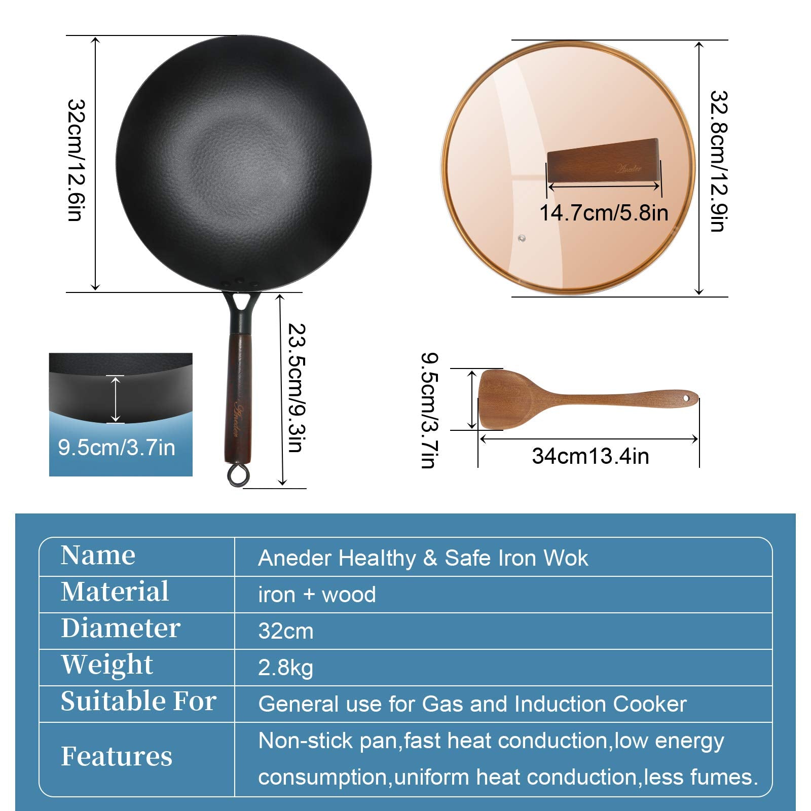 Aneder Carbon Steel Wok Pan With Lid & Wood Spatula, 12.5'' Cast Iron Stir Fry Pan With Flat Bottom And Wooden Handle For Electr