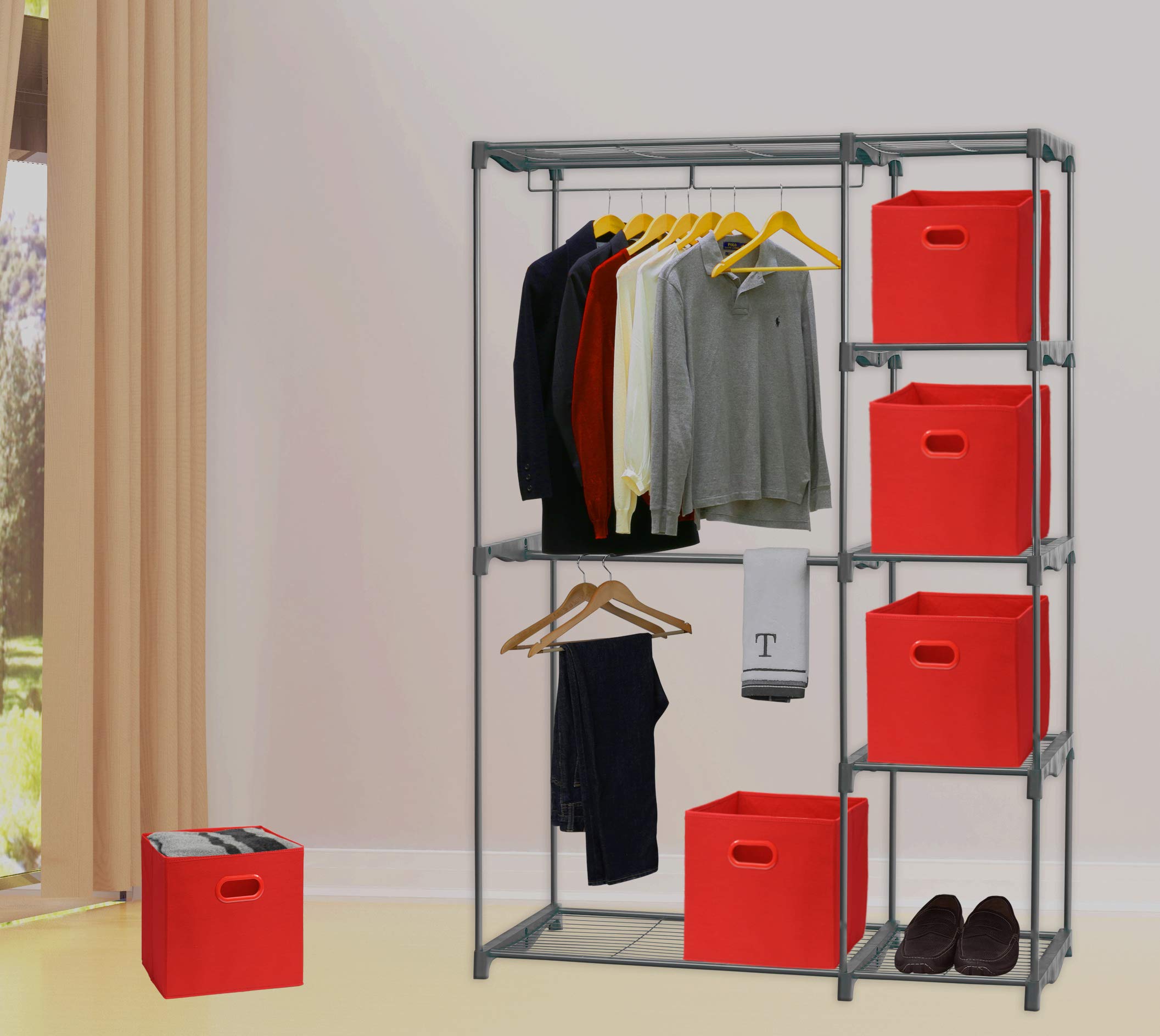 Simple Houseware Foldable Cube Storage Bin With Handle, Red - 6 Pack