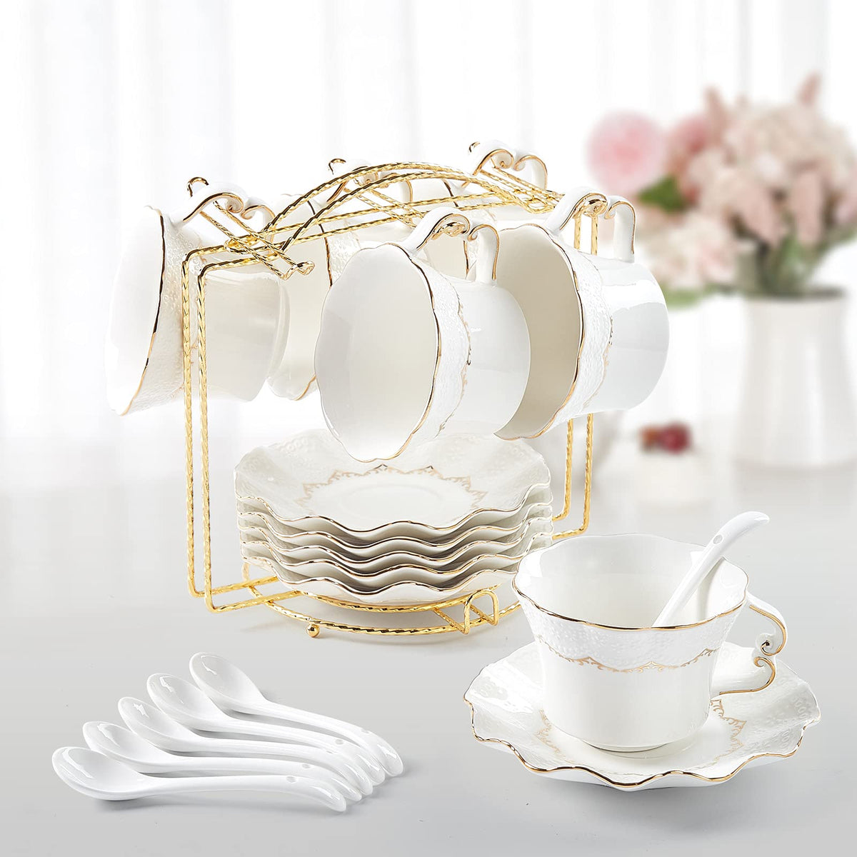Dujust Tea Cups And Saucers With Golden Trim,Set Of 6 (8.5 Oz), Luxury Relief Printing Coffee Cups With Metal Stand, British Roy