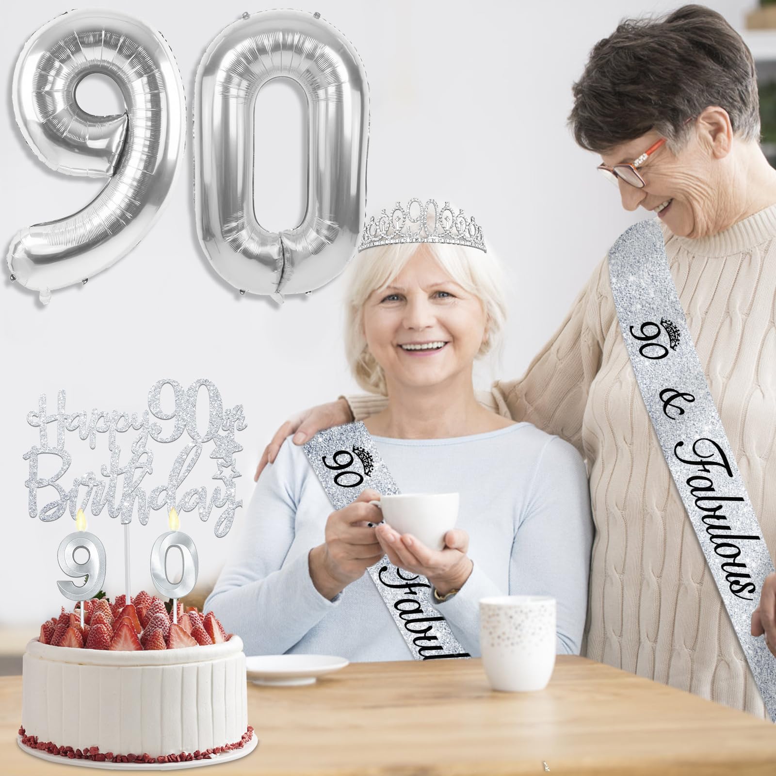 90th Birthday Decorations for Women Silver with 90th Birthday Sash and Crown, Cake Topper and Candles, Silver Number Balloons, 9