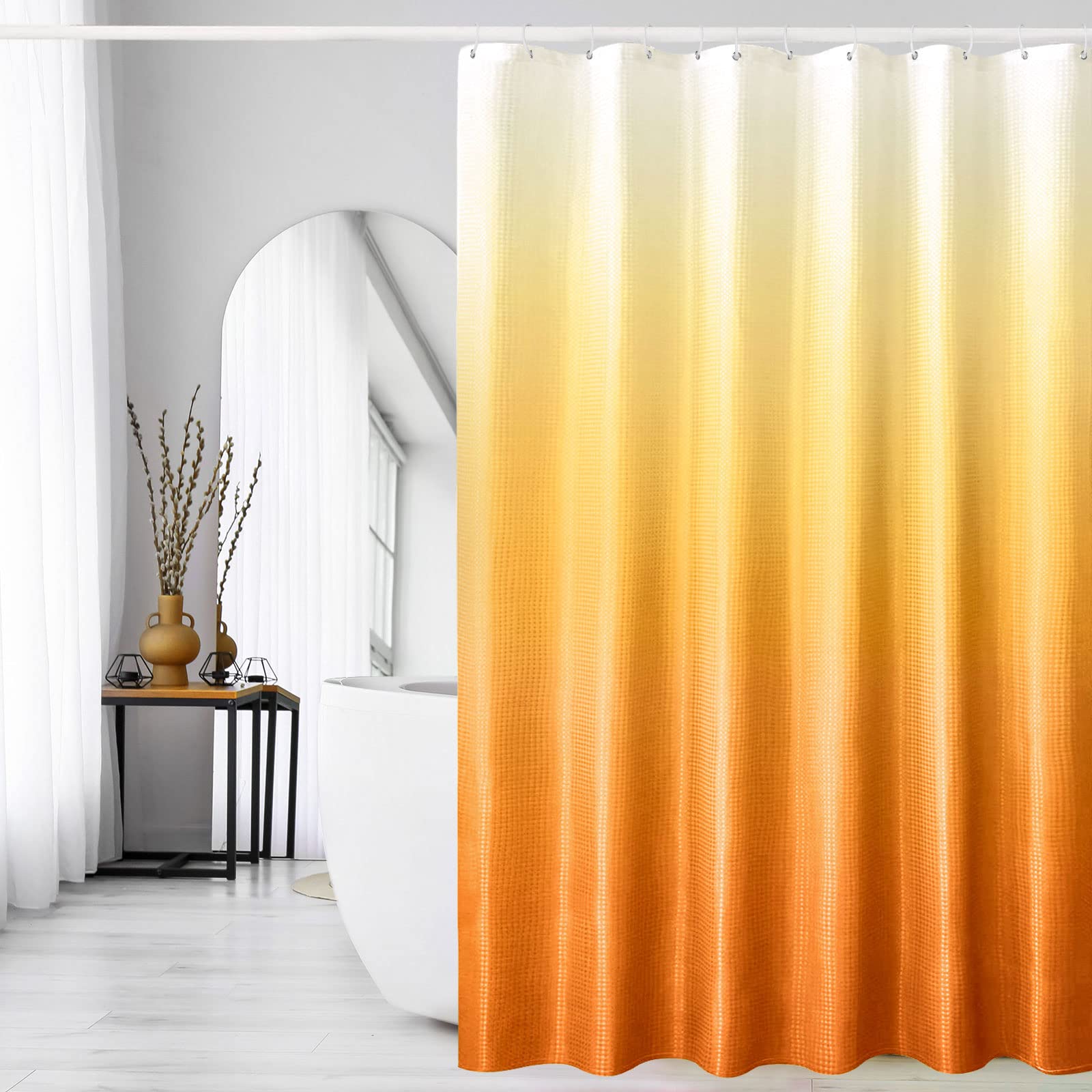Gibelle Orange Shower Curtain, Ombre Waffle Weave Fabric Shower Curtain For Bathroom Set With Hooks, Water Repellent And Machine