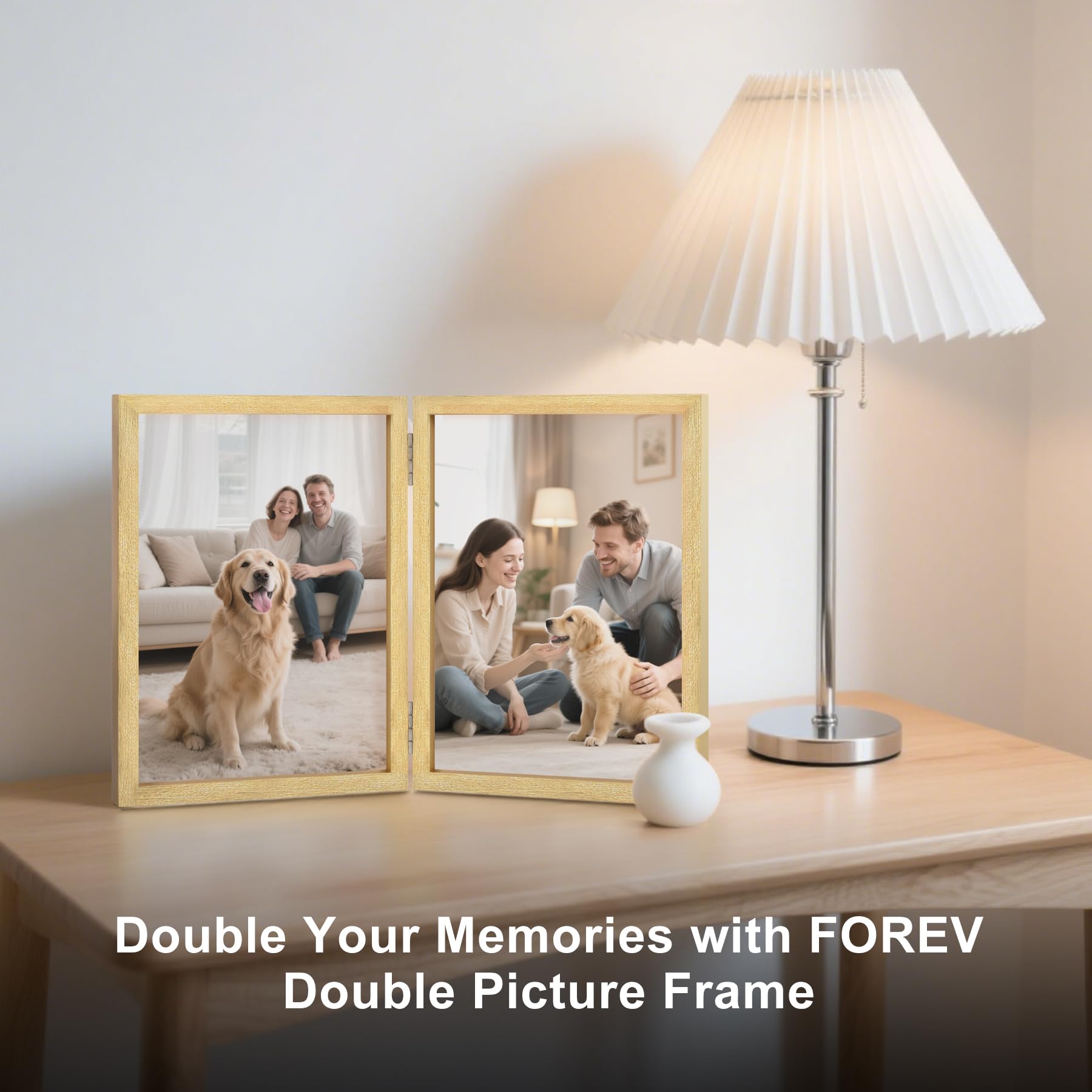 4x6 Double Picture Frame Wooden Hinged Photo Frame Definition Glass Stand Vertically on Desktop or Tabletop Gold
