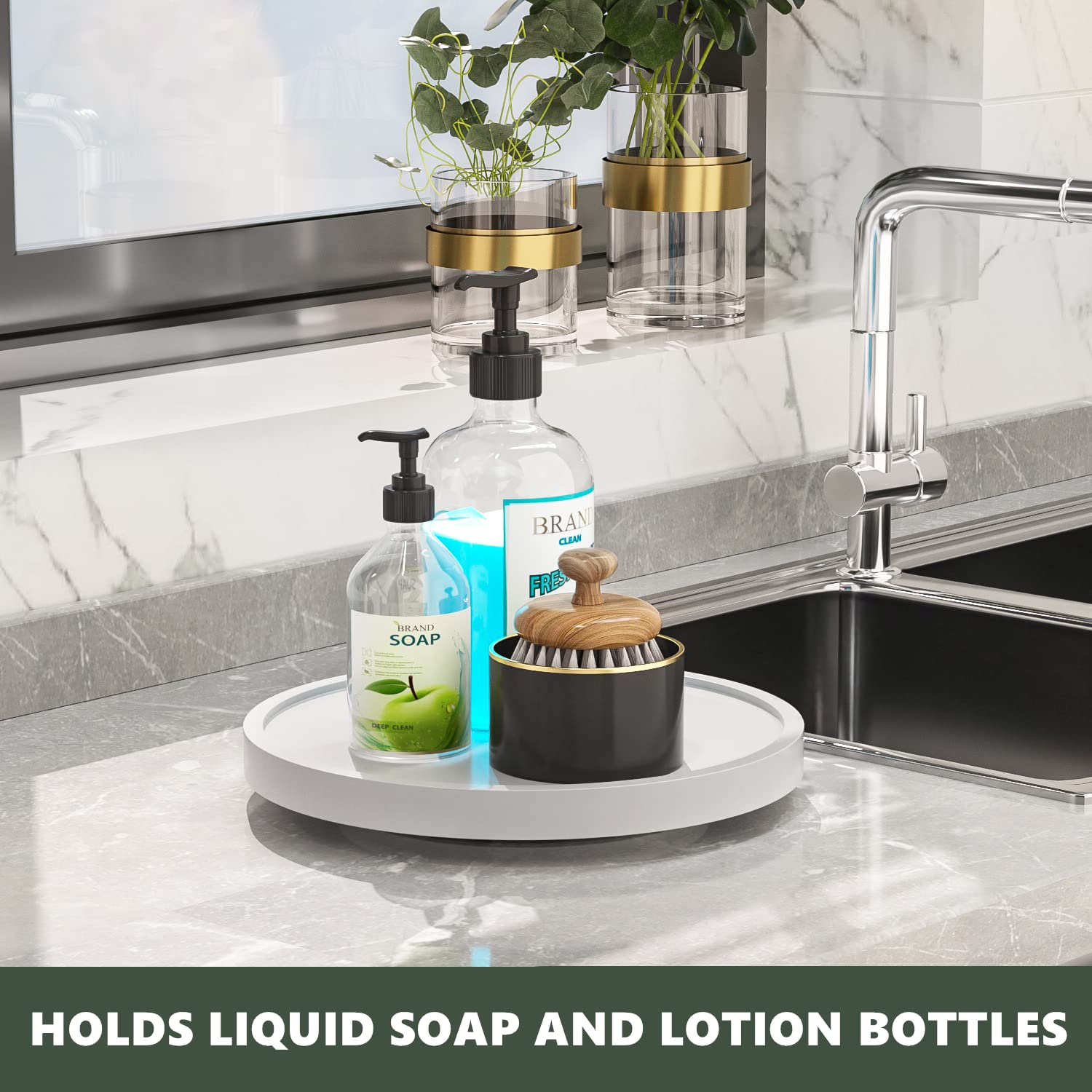 Turntable Vanity Tray 10 Inch For Perfume Candle, Bamboo Kitchen Sink Countertop Organizer For Keep Glass, Sponge And Soap Bathr