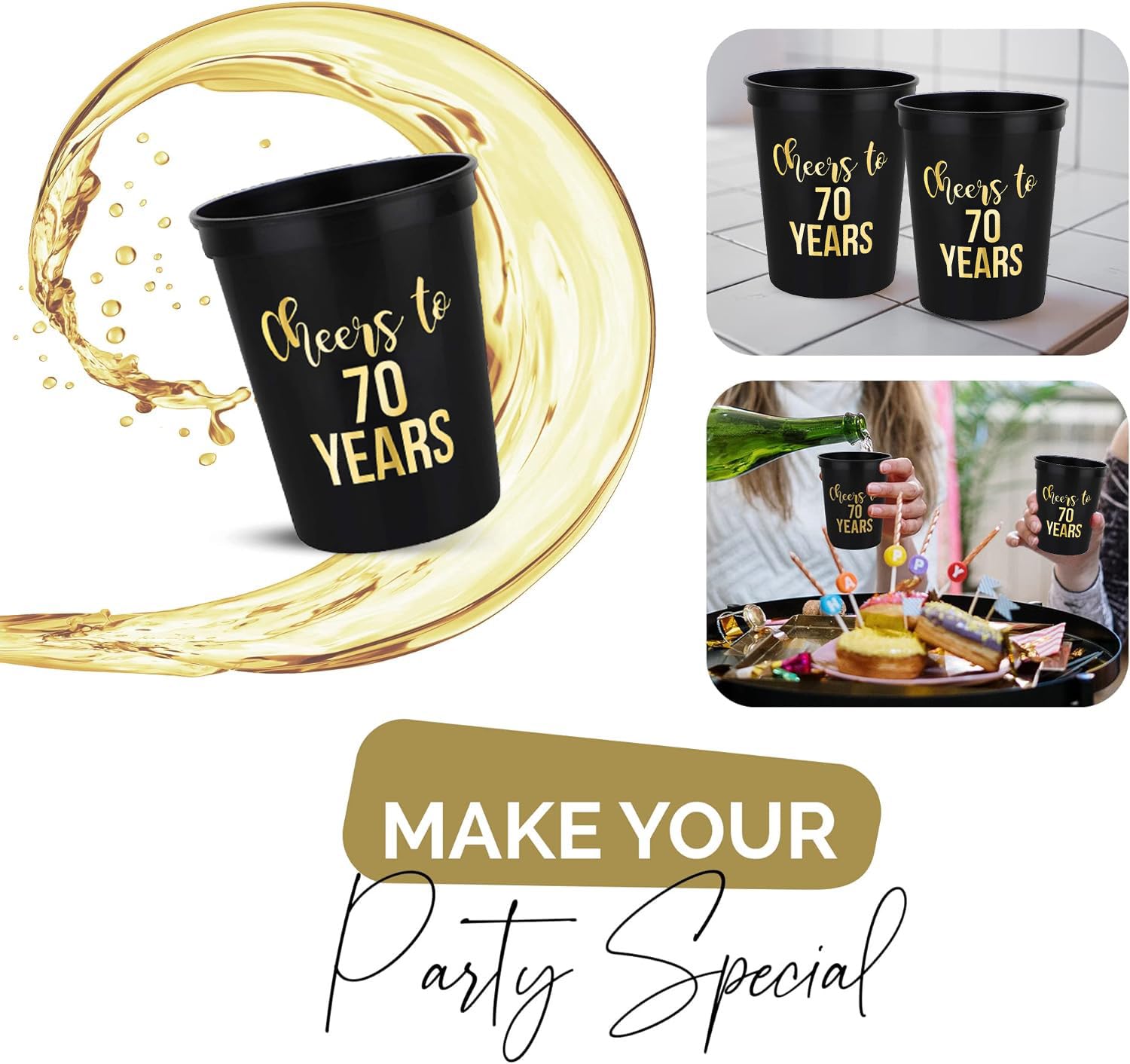 Cheers To 70 Years With 70Th Birthday Party Cups - Set Of 12, 16Oz Black & Gold 70Th Birthday Cups - Perfect 70Th Birthday Party