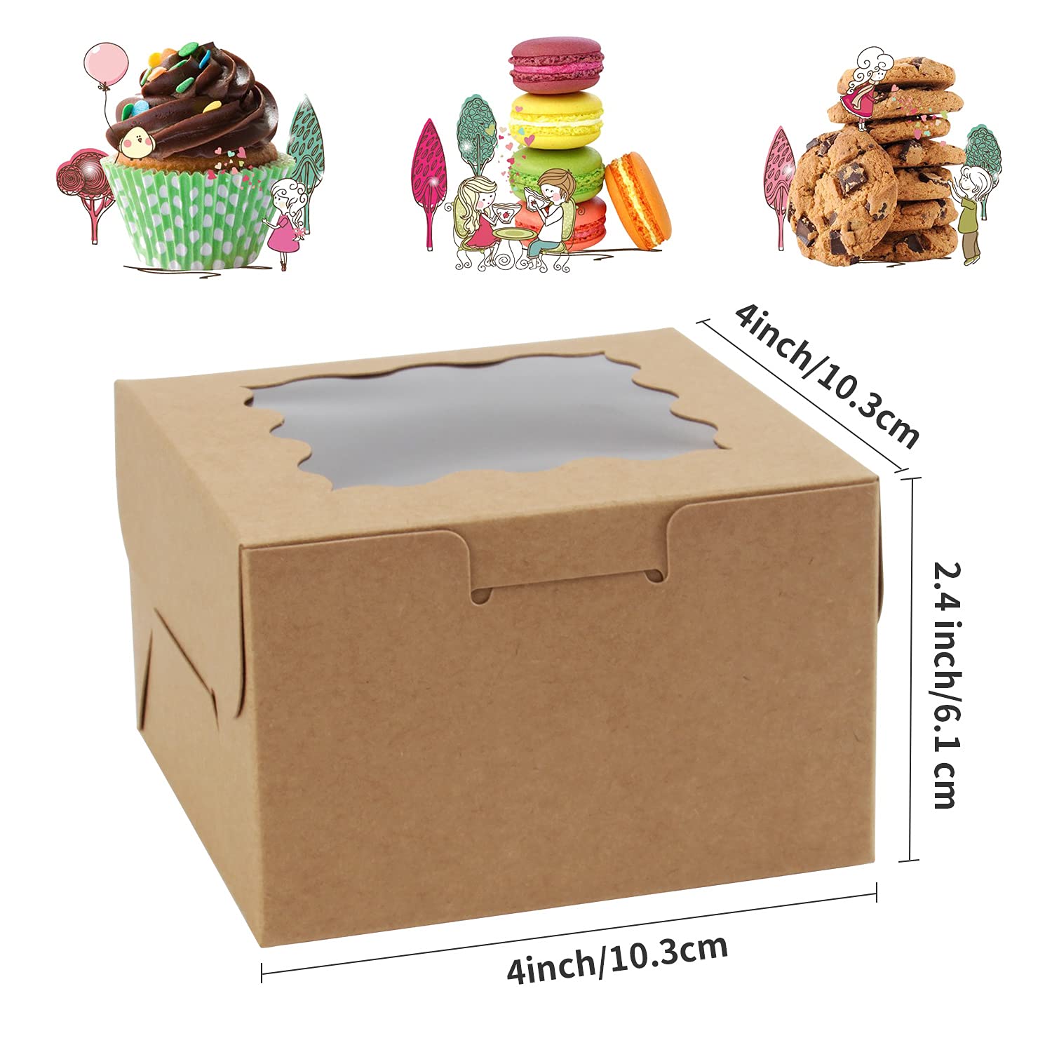 OAMCEG 100 PCS Bakery Boxes with Window and Stickers 4x4x3 Inch Individual Cupcake Boxes Pastry Boxes Cookie Boxes Small Cake Boxes Carrier Holders Containers for Packaging  Mini Dessert Boxes