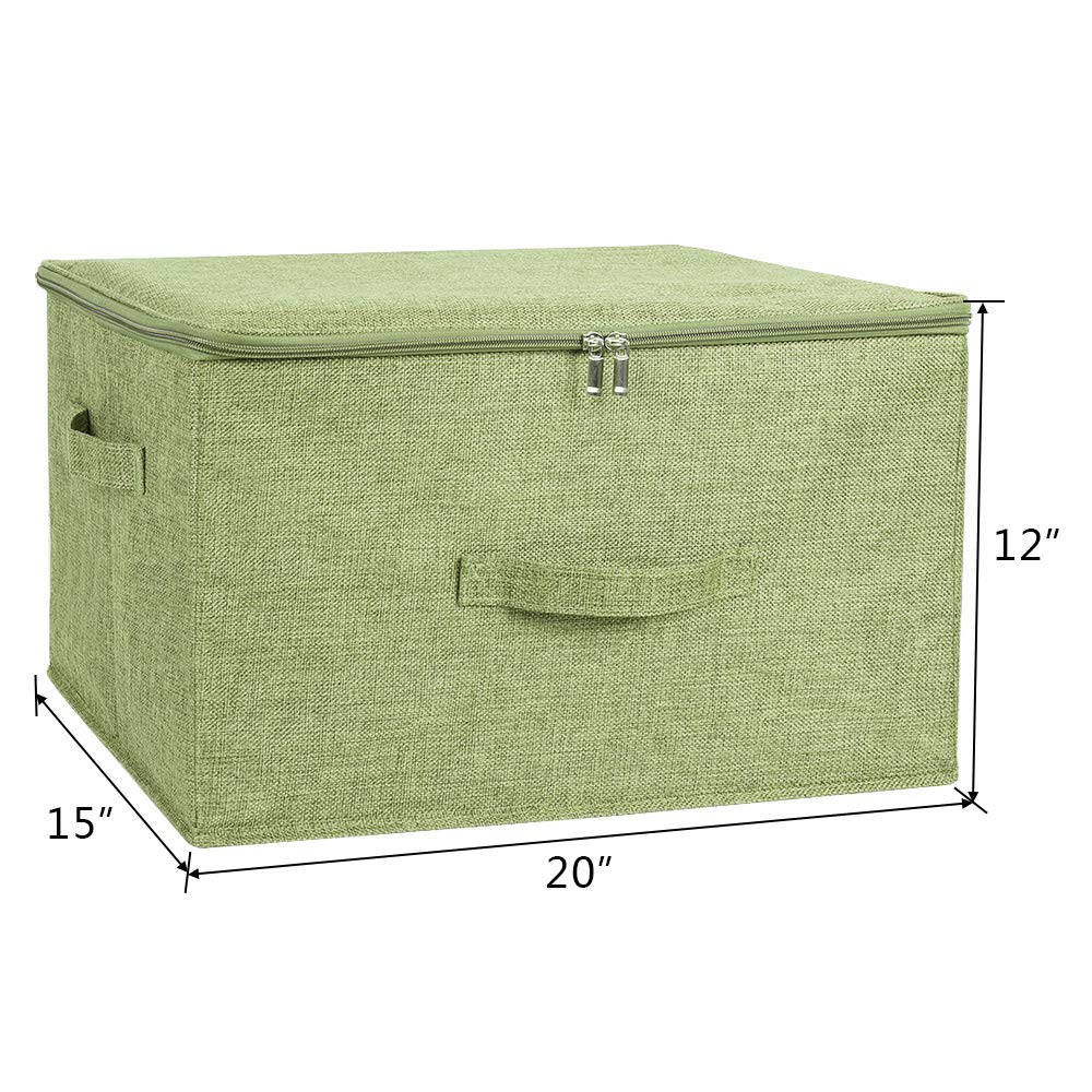 ANMINY Storage Bins with Zipper Lid Storage Boxes with Handles PP Plastic Board Foldable Lidded Cotton Linen Fabric Home Cube Baskets Closet Clothes Toys Organizer Container - Green  Extra Large Size