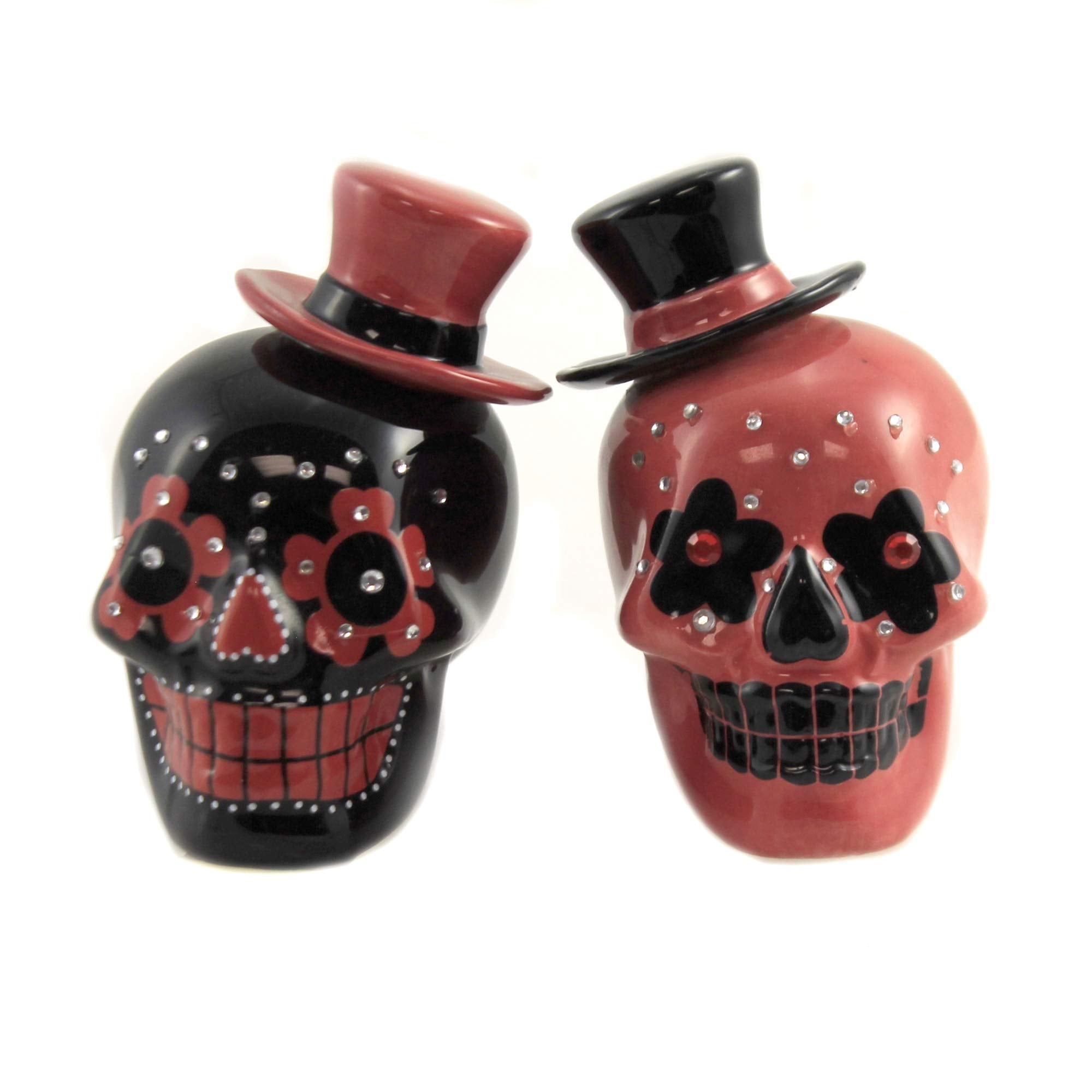 Pacific Giftware Day Of Dead Sugar Black & Red Skulls Salt & Pepper Shakers Set Rhinestone Dod Top Hat