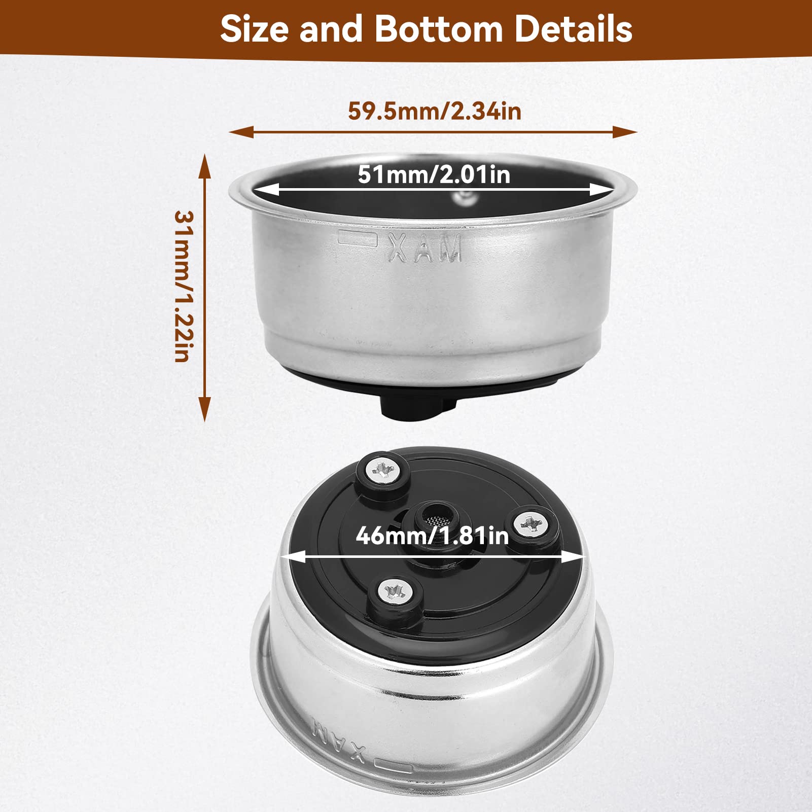 Agatige 51mm 2 Cups Portafilter Filter Basket, Stainless Steel, Silver, Model 31182001452 - Perfect for Semi-Automatic Coffee Machines