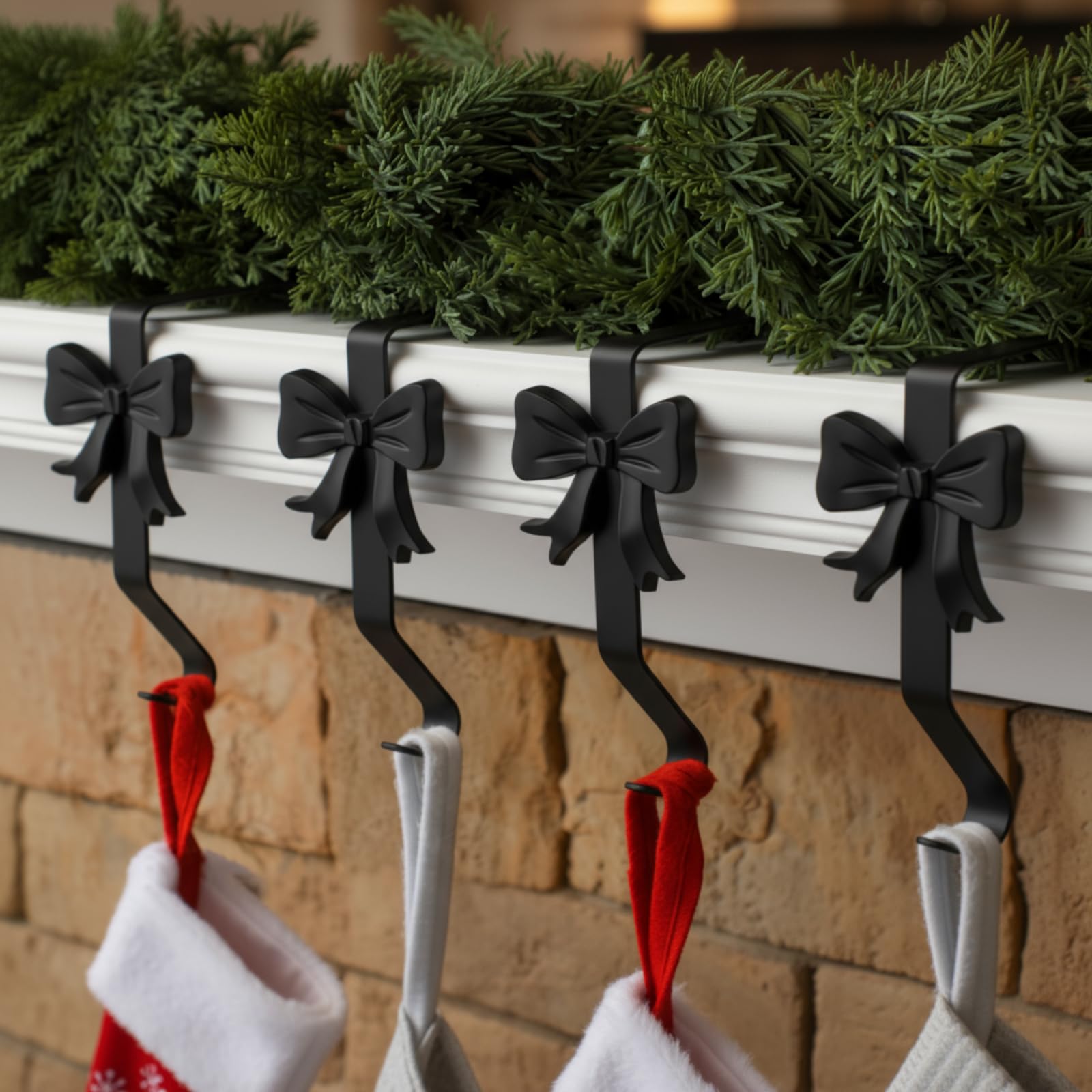 Shimeyao 8 Pcs Black Bow Christmas Stocking Holder Heavy Duty Cast Iron Stocking Hooks Non-Slip Fireplace Hangers Xmas Bow Decor