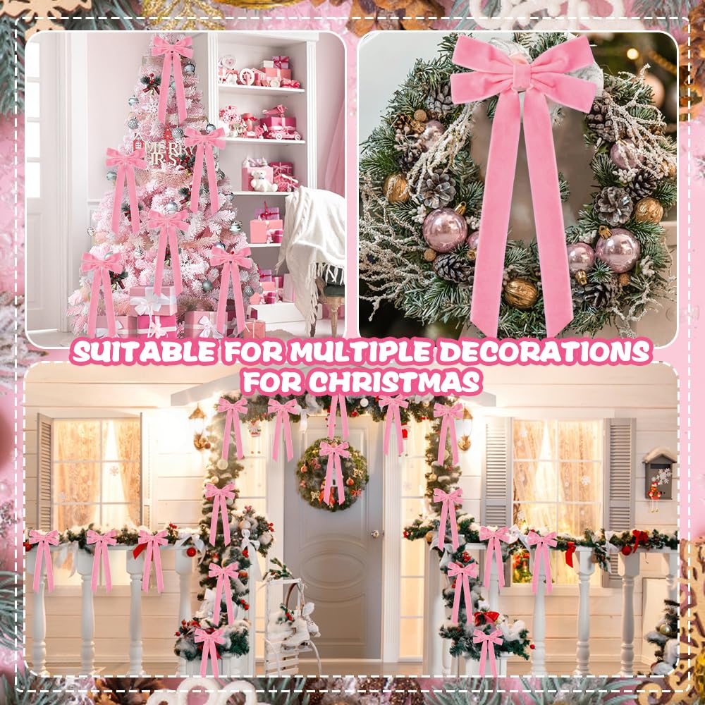 JOICEE 15Pcs Pink Velvet Bows, 5in x 12in Christmas Tree Wreath Bows Rustic Crafts Gift Ribbon Bows for Christmas Decorations In