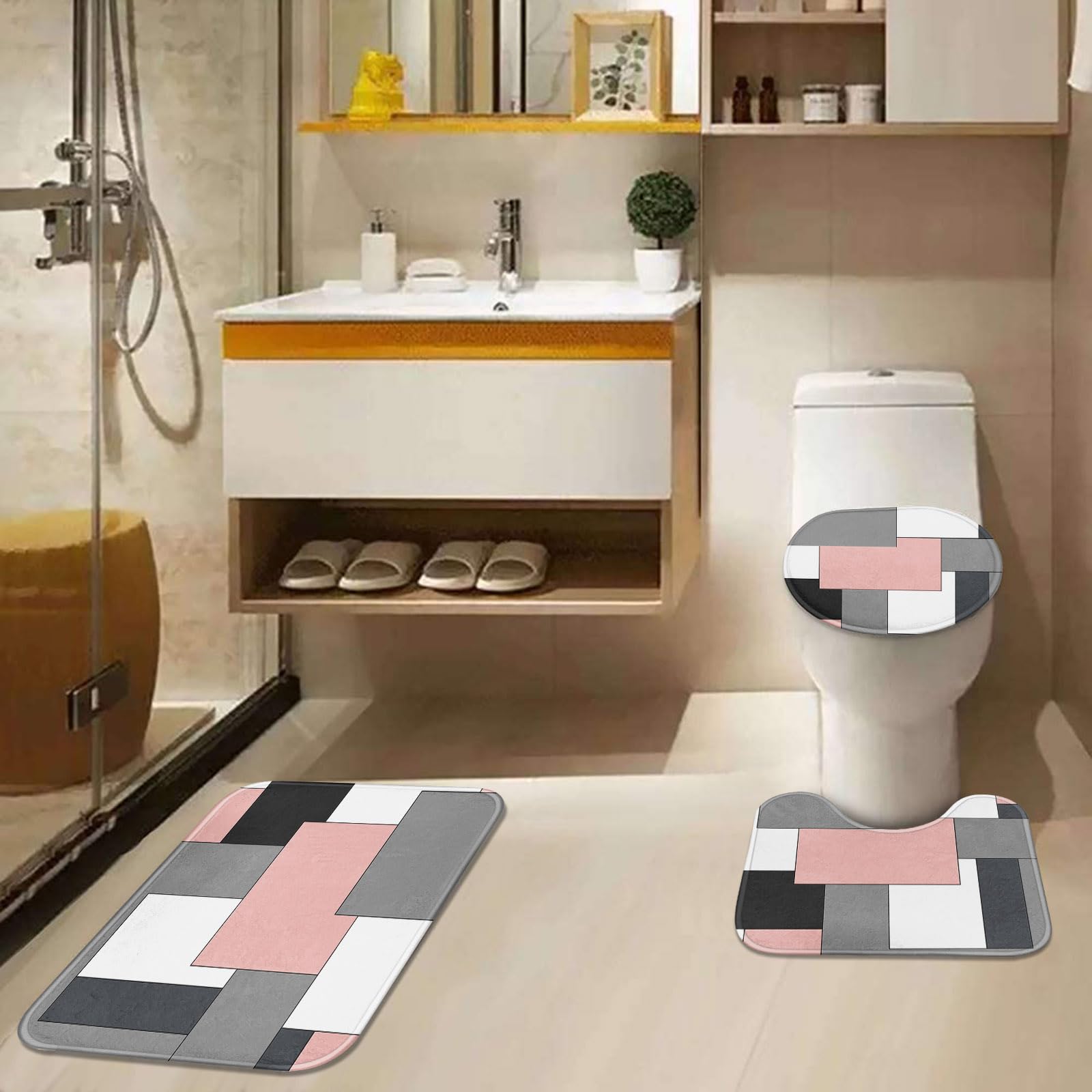 Tayney Pink Geometric Shower Curtain Set With Toilet Lid Cover And Non-Slip Rugs For Bathroom, Grey Black White Checkered 4 Pcs