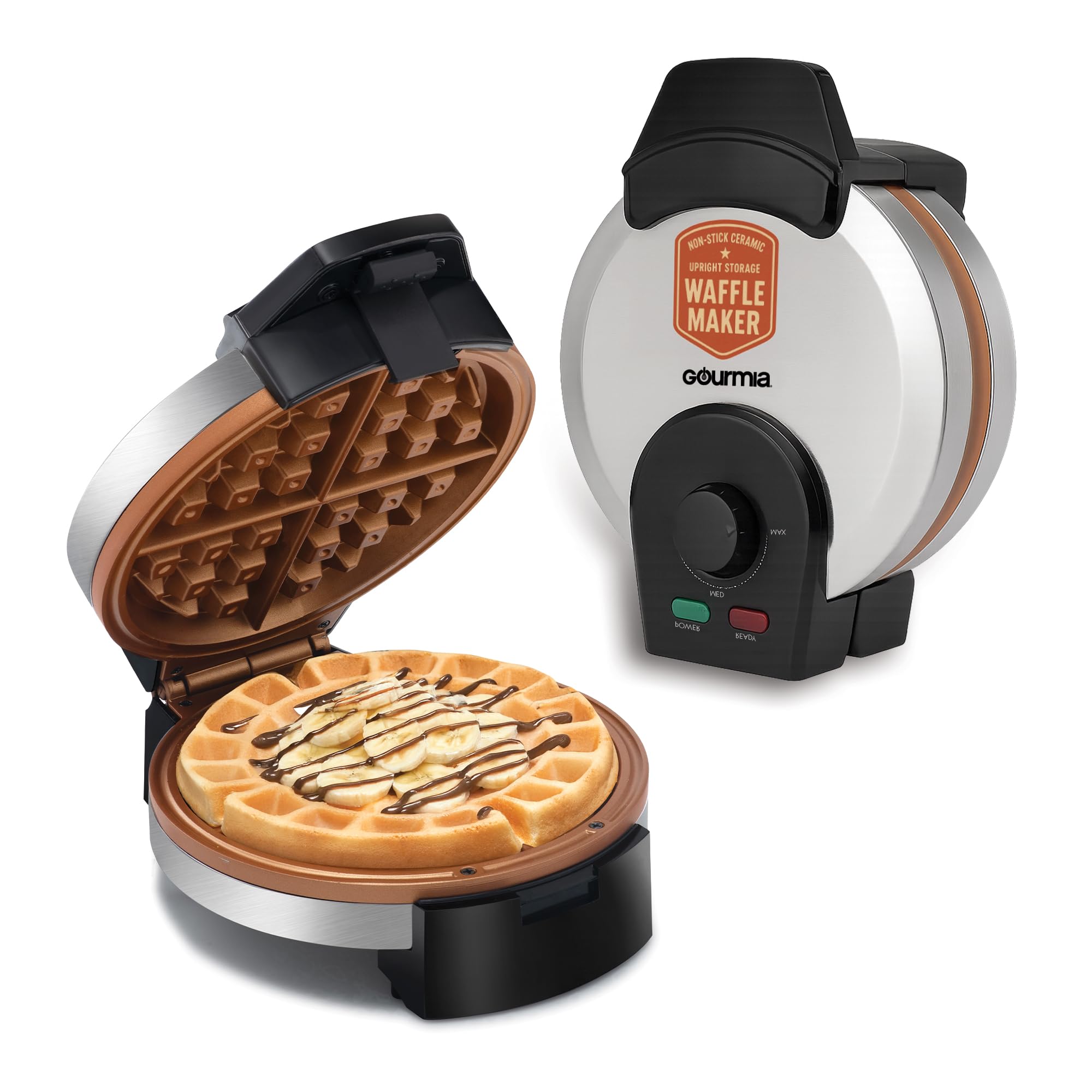 Gourmia Belgian Waffle Maker - Compact Design with Upright Storage, Adjustable Browning, and Easy-Clean Nonstick Ceramic Plates,