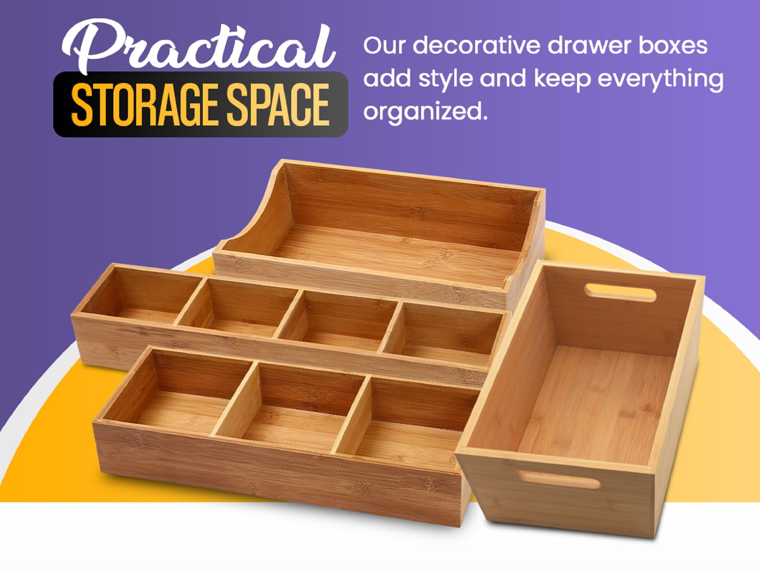 YBM Home 3-Compartment Bamboo Drawer Organizer Box Multi-Use Storage for Junk Drawer, Office, Home, Kitchen, Bedroom, Children R