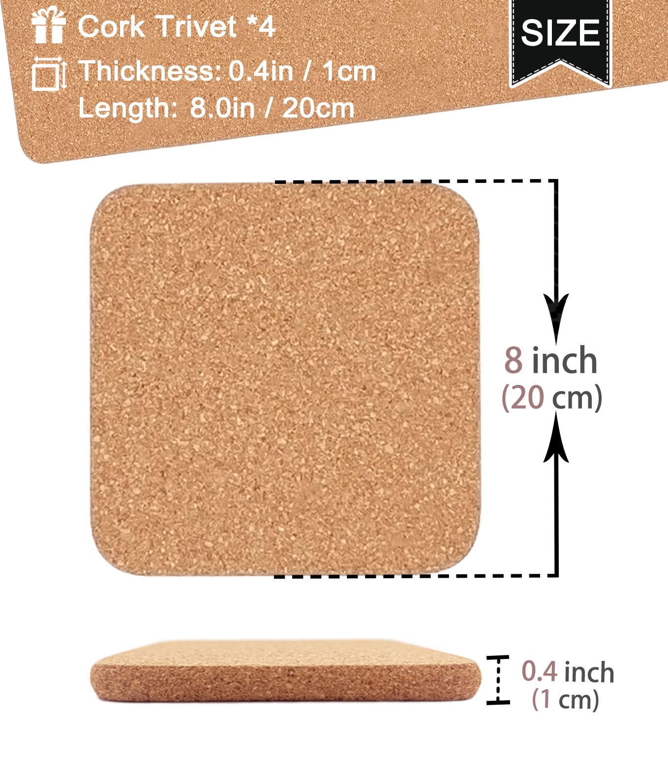 Kitlab Cork Trivet, 4 Pcs High Density Thick Square Cork Trivets For Hot Dishes, 8 Inch Heat Resistant Multifunctional Cork Coas