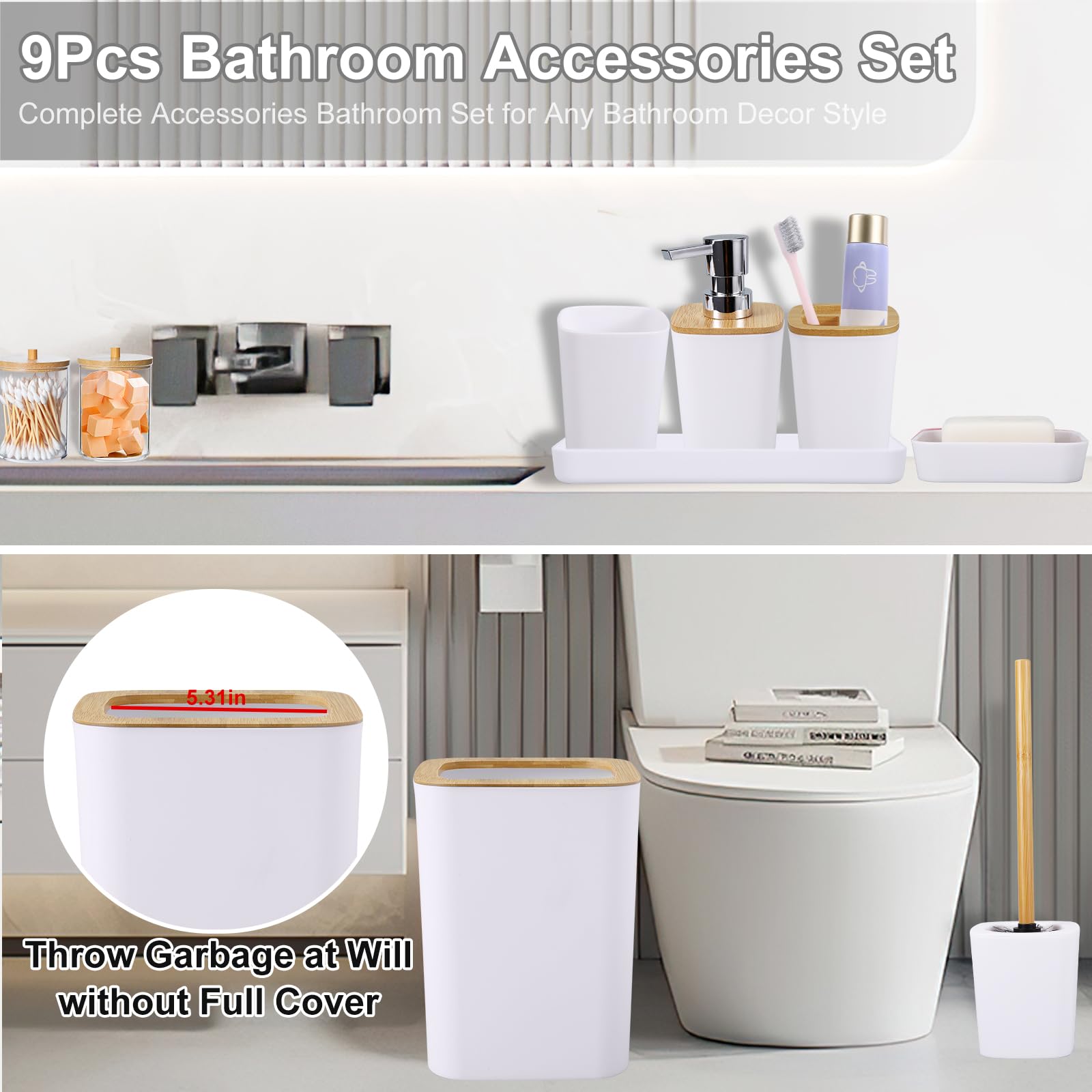 White Bathroom Accessories Set 9 Piece Hollow Bathroom Accessory Set With Trash Can,Toothbrush Holder,Toothbrush Cup,Lotion Soap