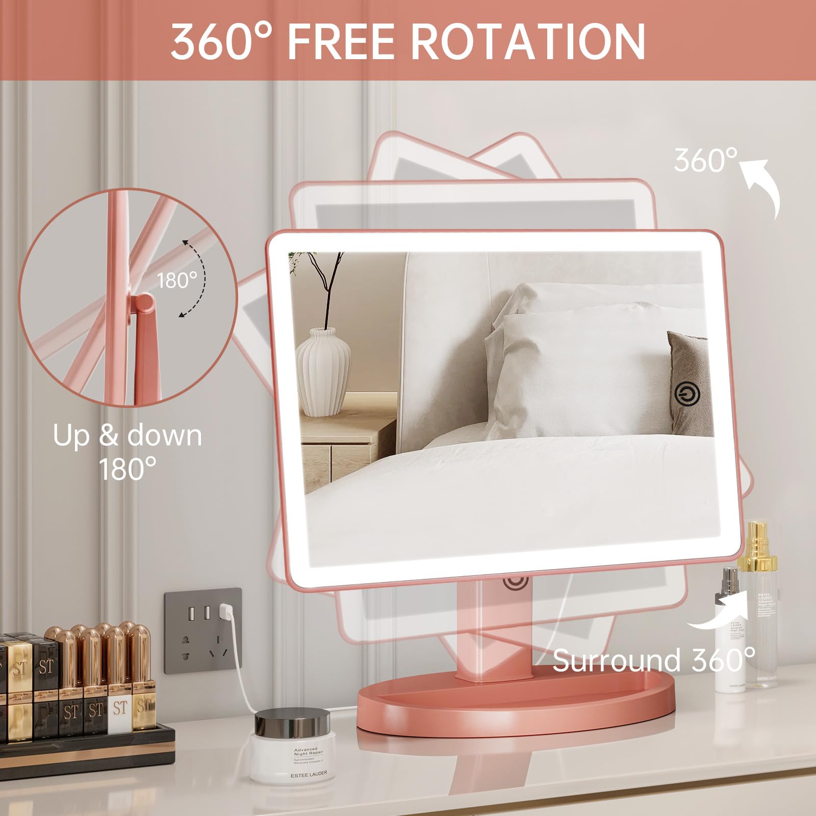 Funtouch Large Lighted Vanity Makeup Mirror, 14.56 In X 8.97 In, 88 Led, 360 Rotation Touch Screen, 10X Magnification Tabletop C