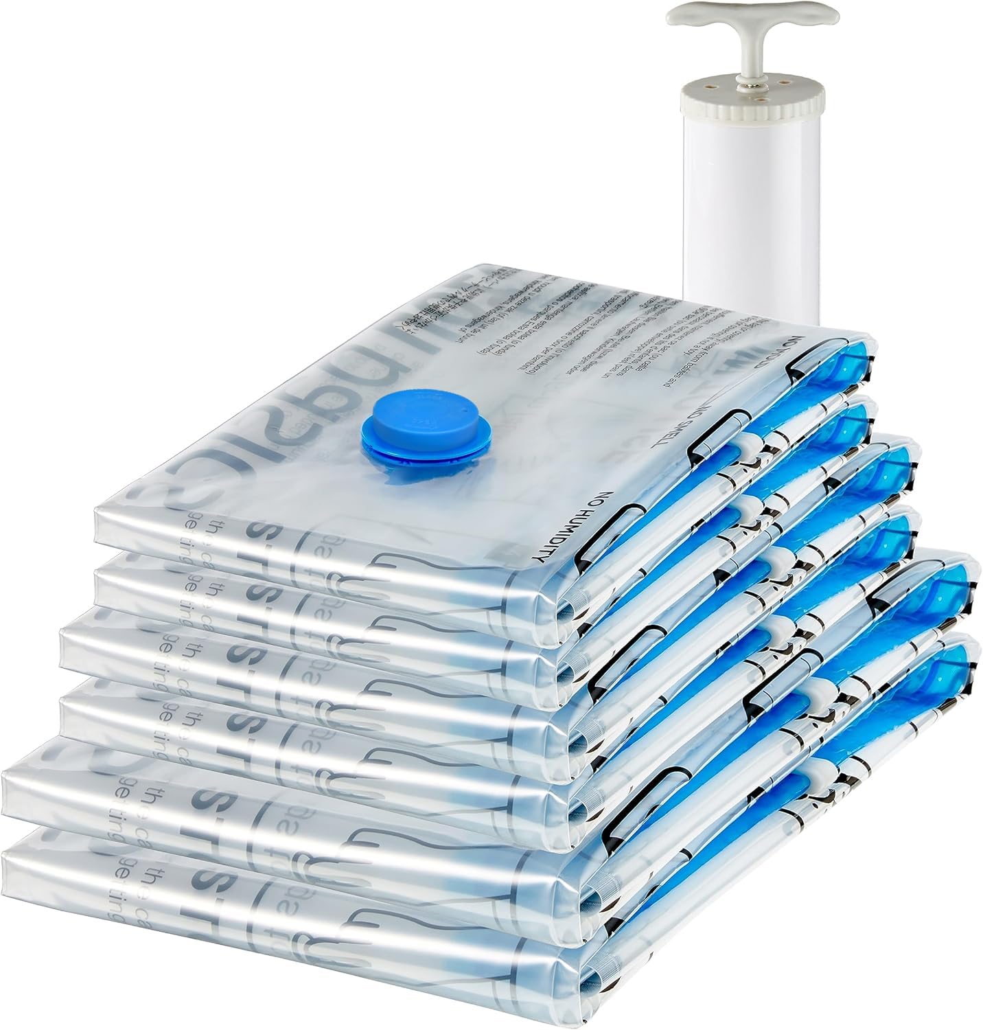 Amazon Basics Multiple Vacuum compression Storage Bags with Hand Pump - 6-Pack (2 Jumbo  2 Large  2 Medium)