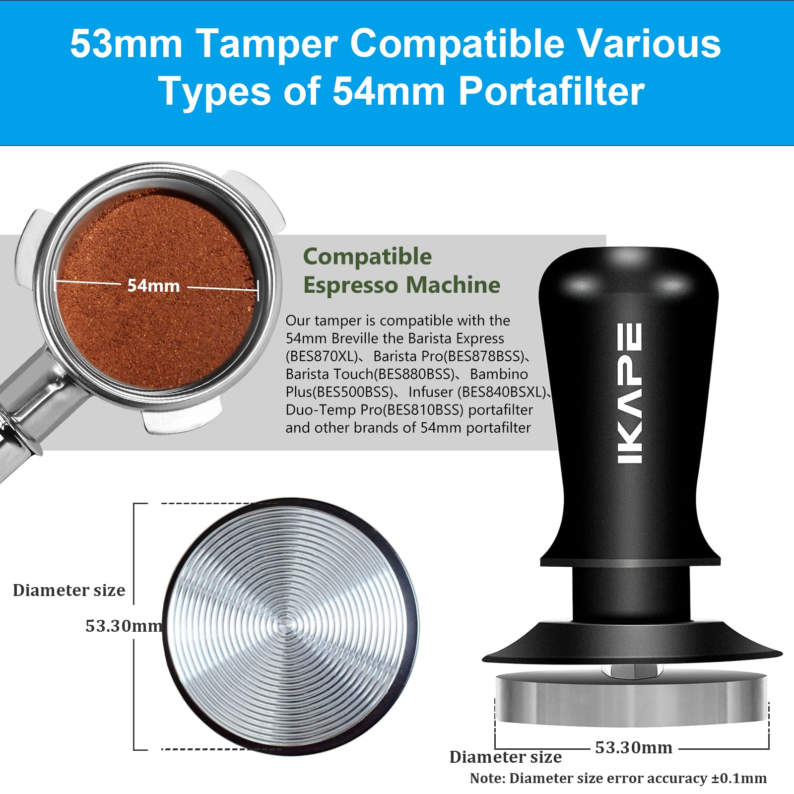 IKAPE 53mm Espresso Tamper - Premium Stainless Steel, Calibrated Spring Loaded, Fits Breville 54mm Portafilter, Black