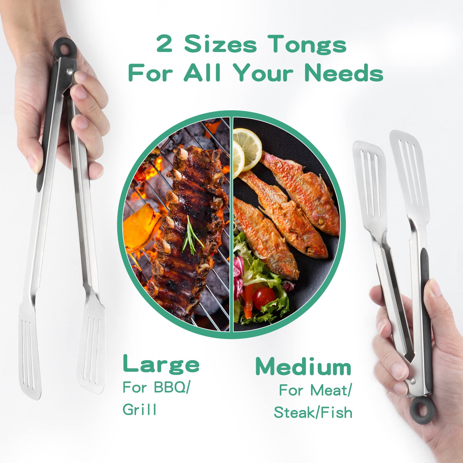 Lebabo Metal Tongs For Cooking, Set Of 2 Stainless Steel Spatula Tongs For Grilling, Cooking And Flipping, Strong Grip For Ribs,