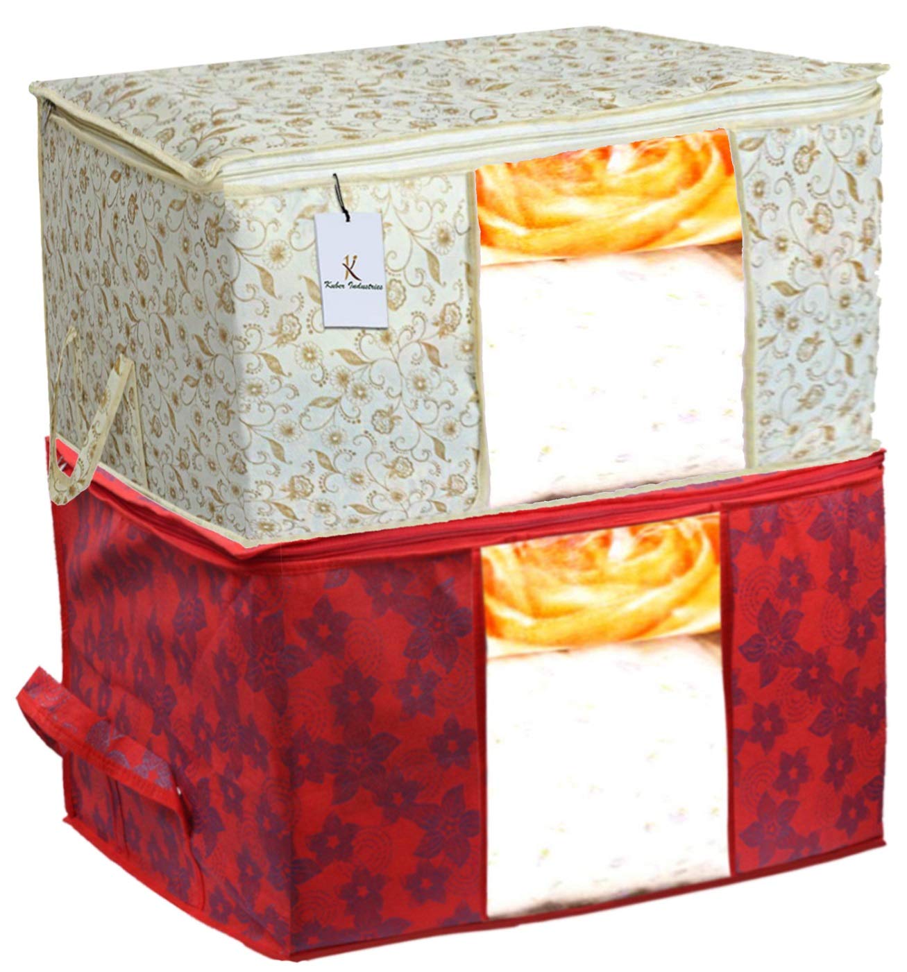 Kuber Industries Metalic Printed 2 Piece Non Woven Fabric Underbed Storage Bag,Cloth Organiser,Blanket Cover With Transparent Wi