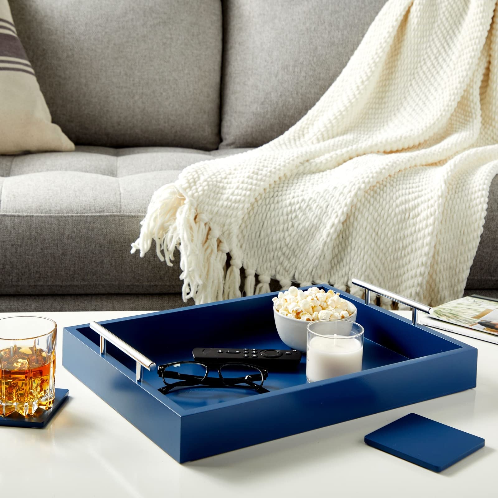White Serving Tray For Coffee Table, 16X12 With Coasters, Decorative Interchangeable Gold And Silver Handles