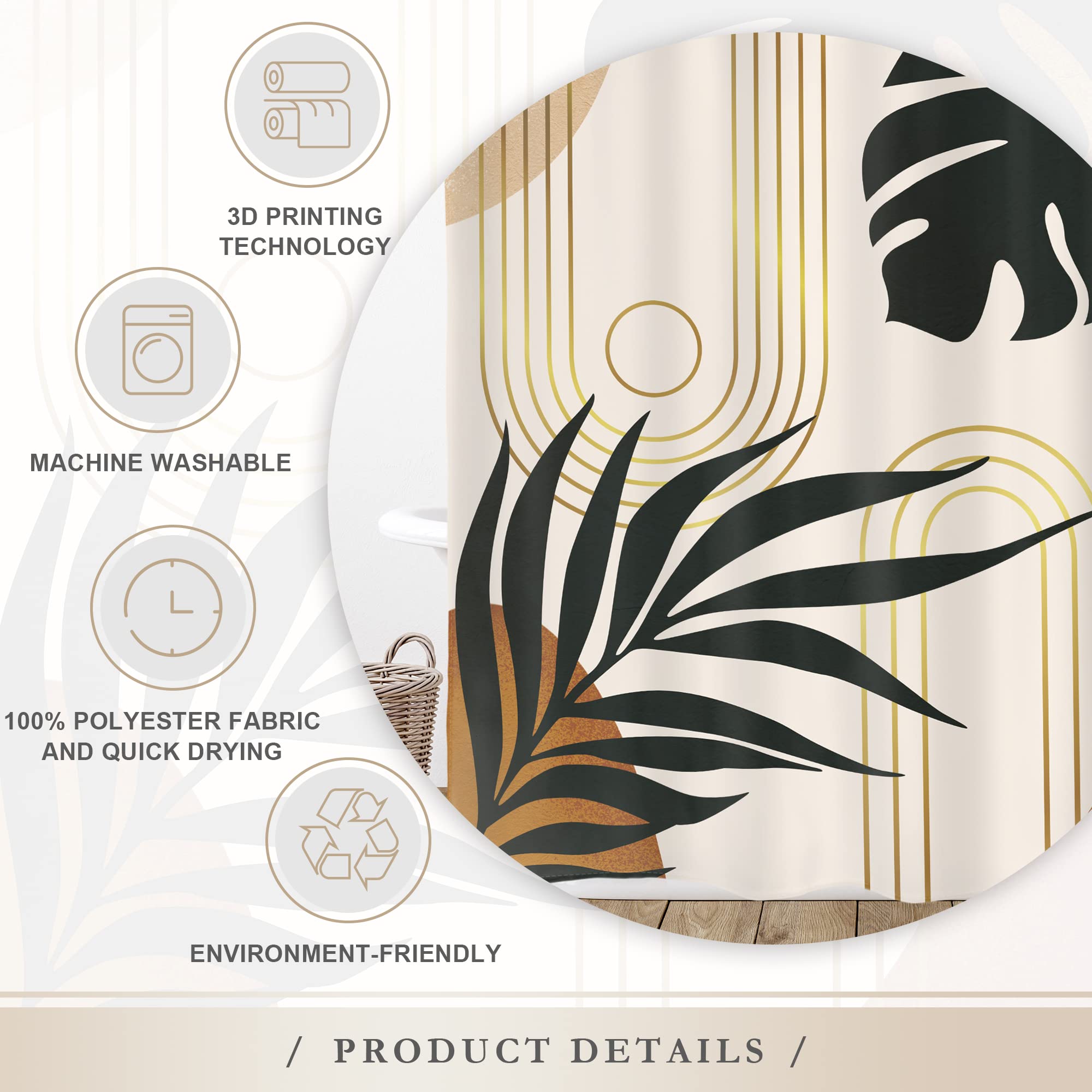 Glawry Boho Mid Century Shower Curtain 60Wx72L Inches Abstract Tropical Palm Leaves Modern Minimalist Plant Botanical Geometric