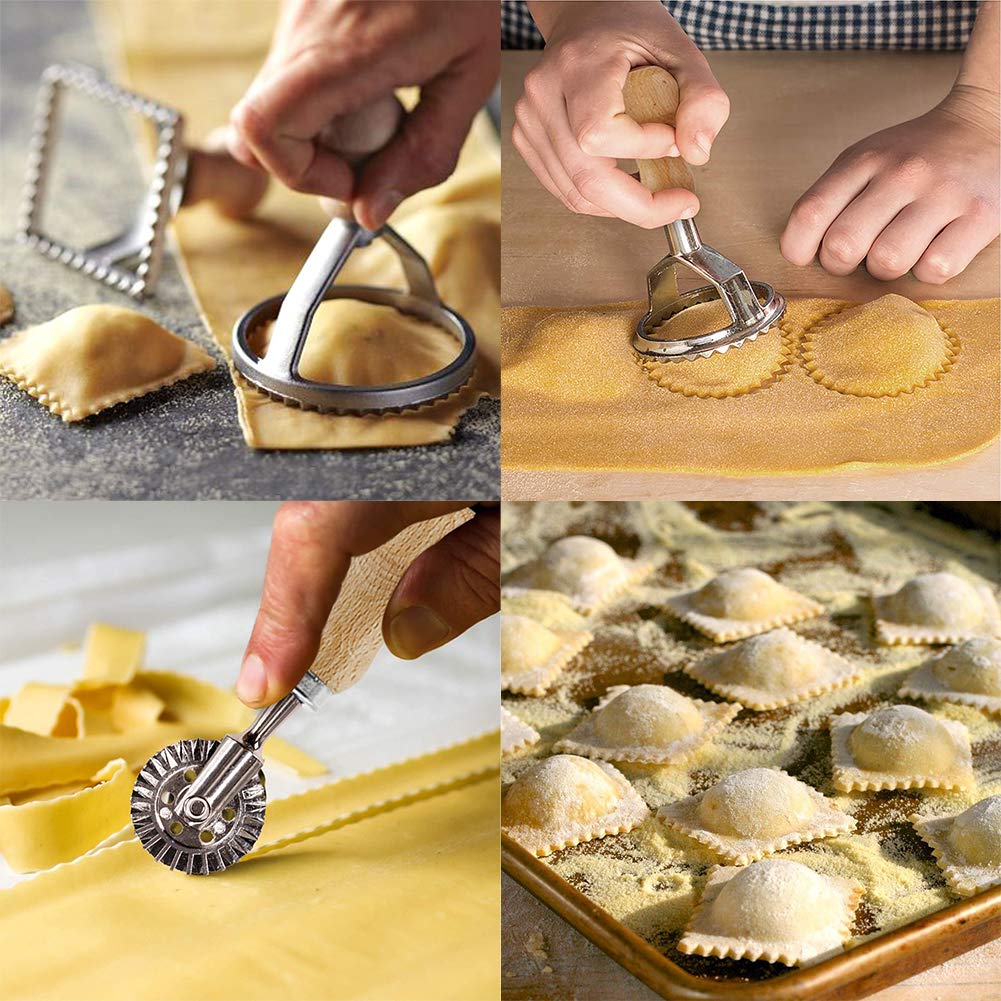 Master Feng Ravioli Stamp Maker Cutter With Roller Wheel Set, Mold With Wooden Handle And Fluted Edge, Pasta Press Kitchen Attac