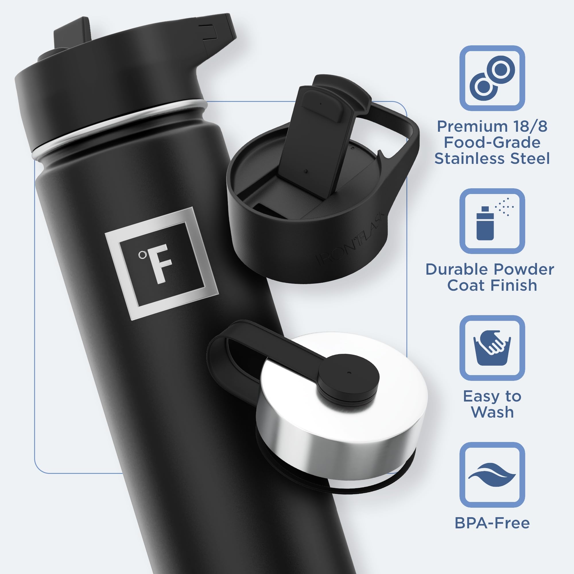 Iron Flask Camping & Hiking Hydration Flask With 3 Lids - Stainless Steel, Double Walled & Vacuum Insulated Water Bottle - Leak