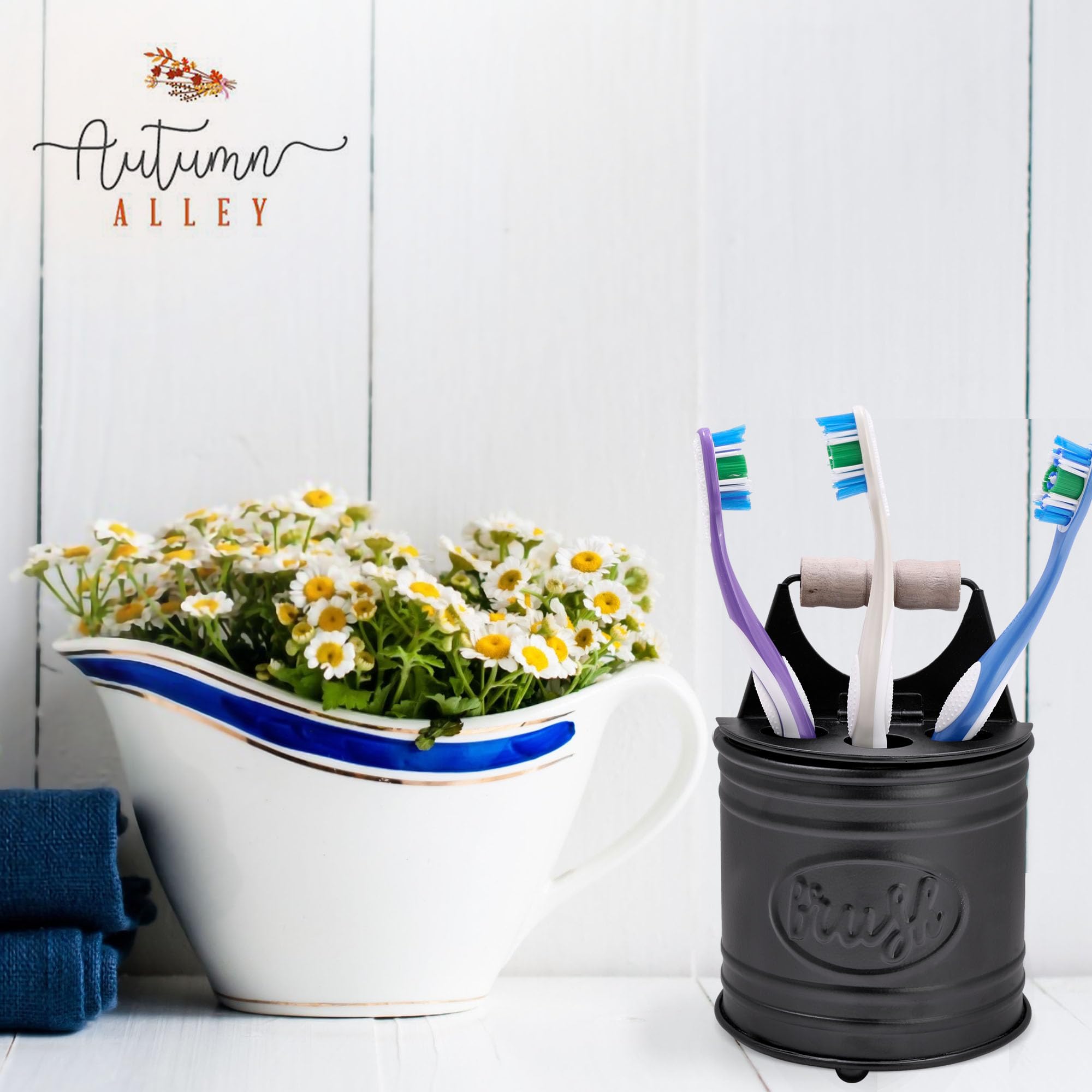 Autumn Alley Adorable Farmhouse Toothbrush Holder for Bathroom - Black Rustic Bathroom Accessories - Galvanized Country Decor - Fun Rustic Design with Toothpaste & Electric Toothbrush Compartment