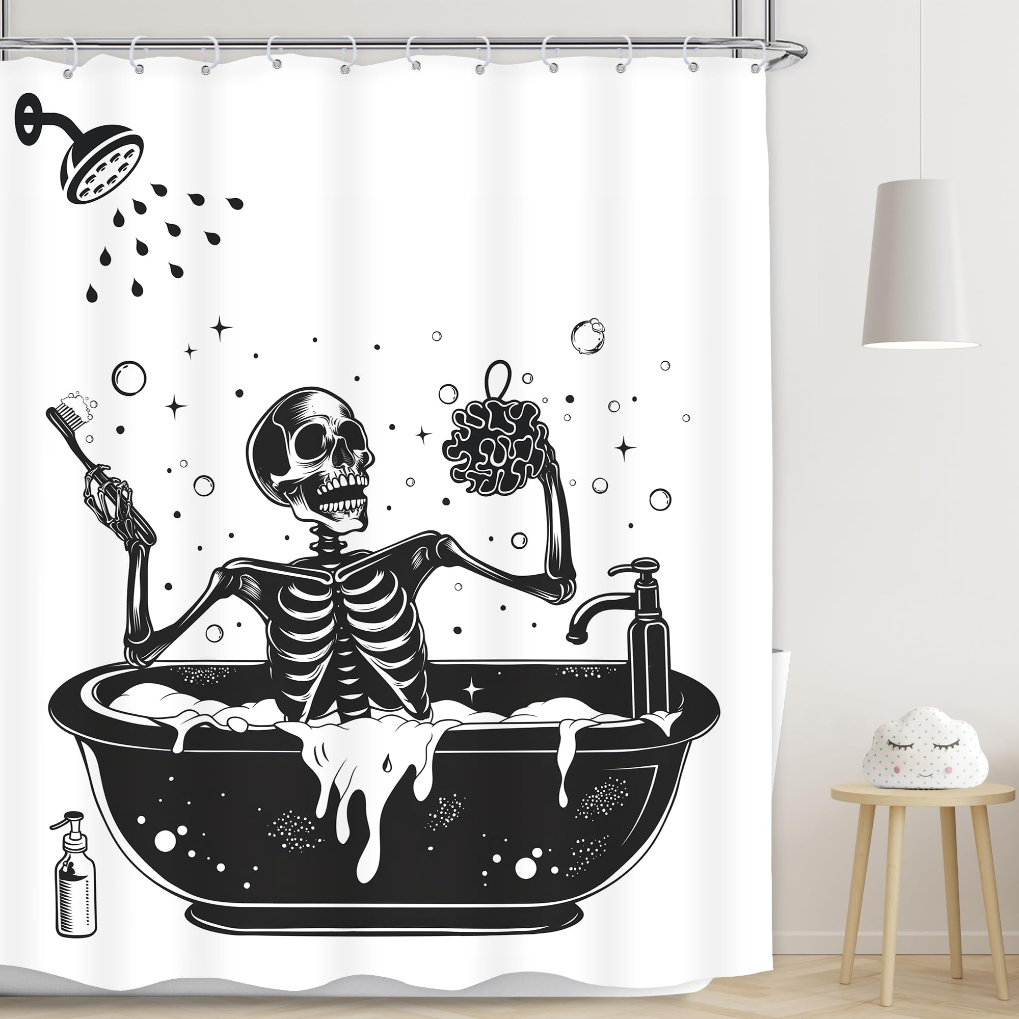 Lghtyro Funny Skull Shower Curtain Bathroom Set 60Wx71H Inches Black White Gothic Skeleton Bone Bathing In Bathtub Bubbles Spook