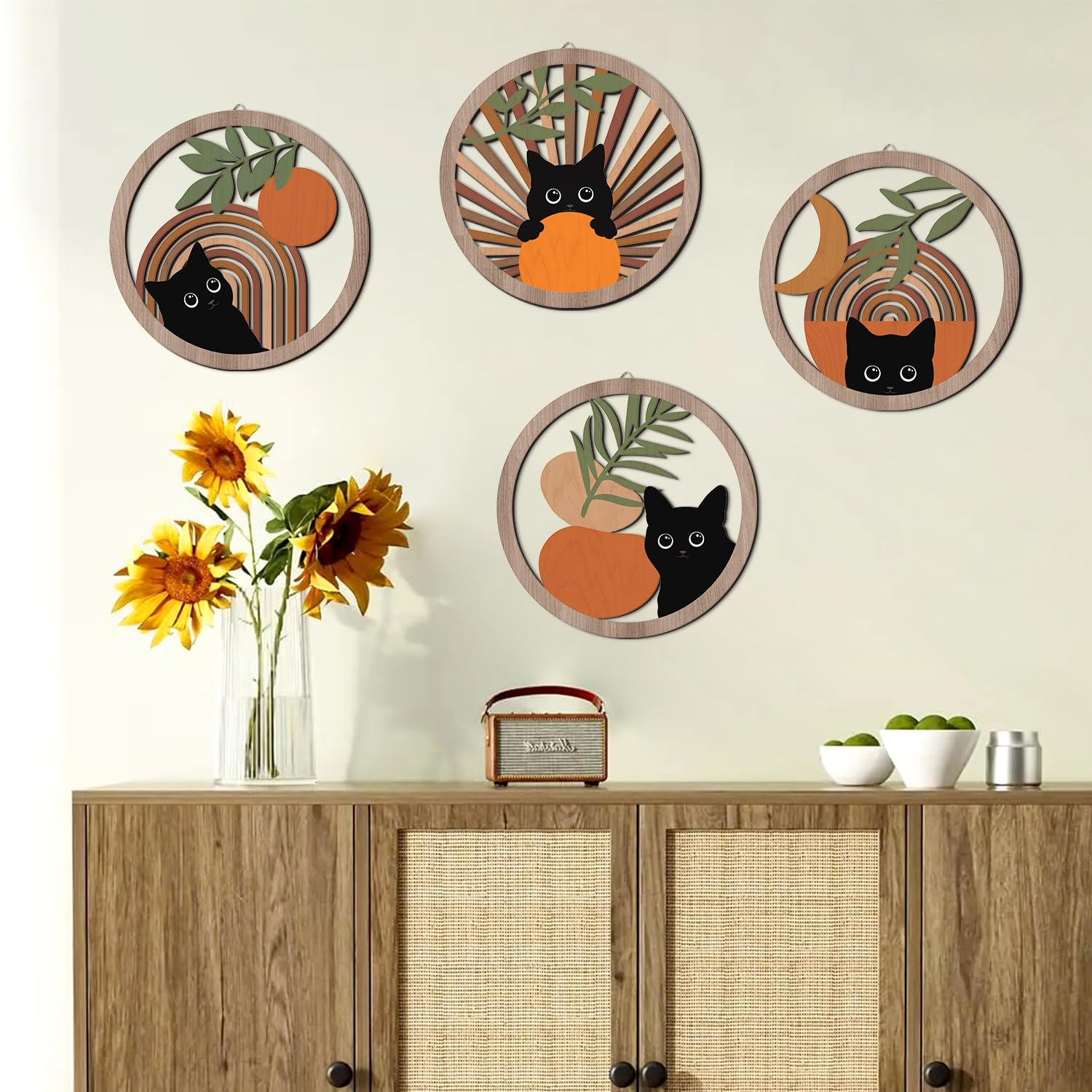 HPNIUB Boho Black Cat Wall Decor, Farmhouse Geometric Hanging Wooden Wall Art, 4 Pieces 10    x10     Mid Century Bohemian Abstr