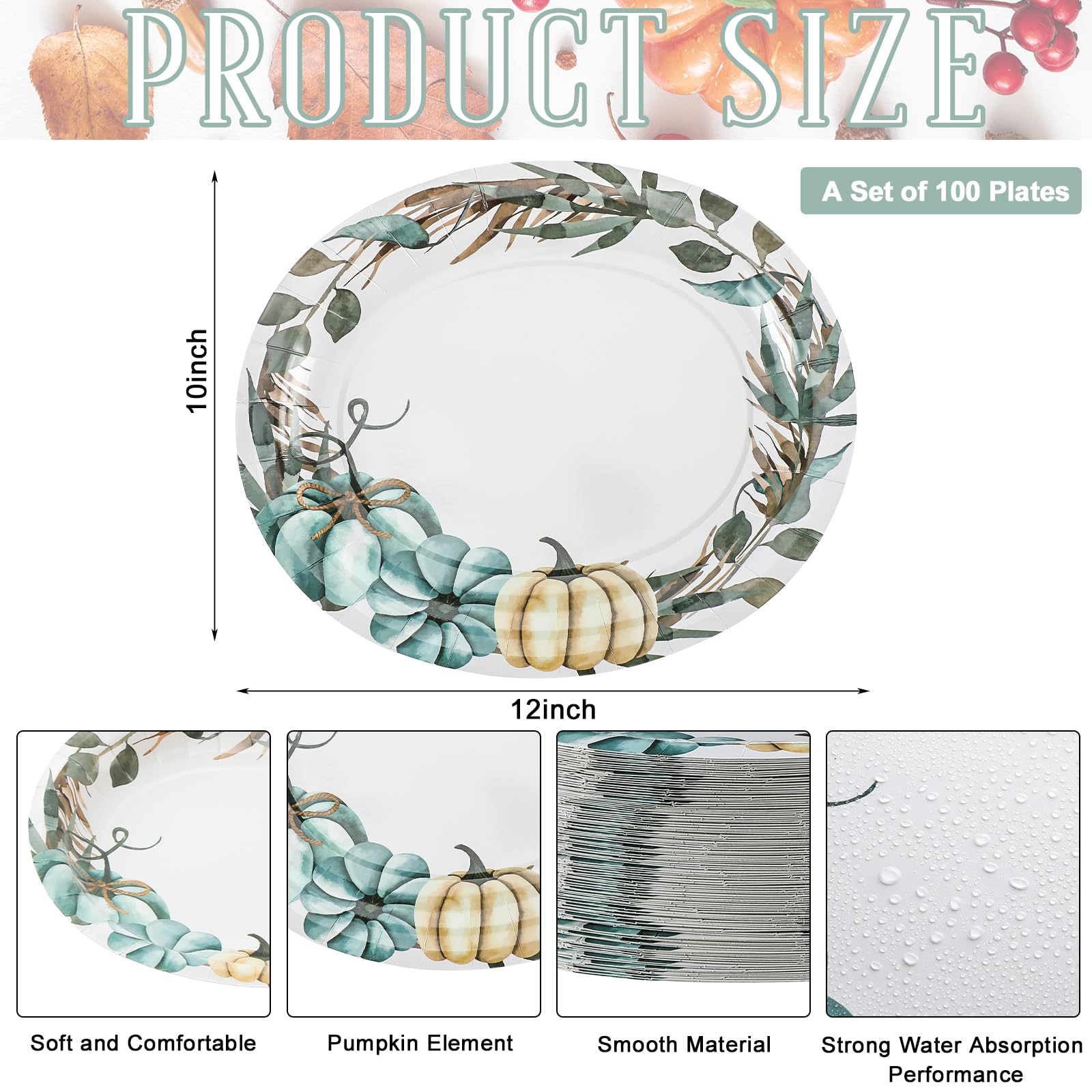 Suttmin 100 Pcs Thanksgiving Oval Paper Plates 10 x 12 Disposable Fall Blue Pumpkin Dinner Plates Dinnerware Tray Thanksgiving P