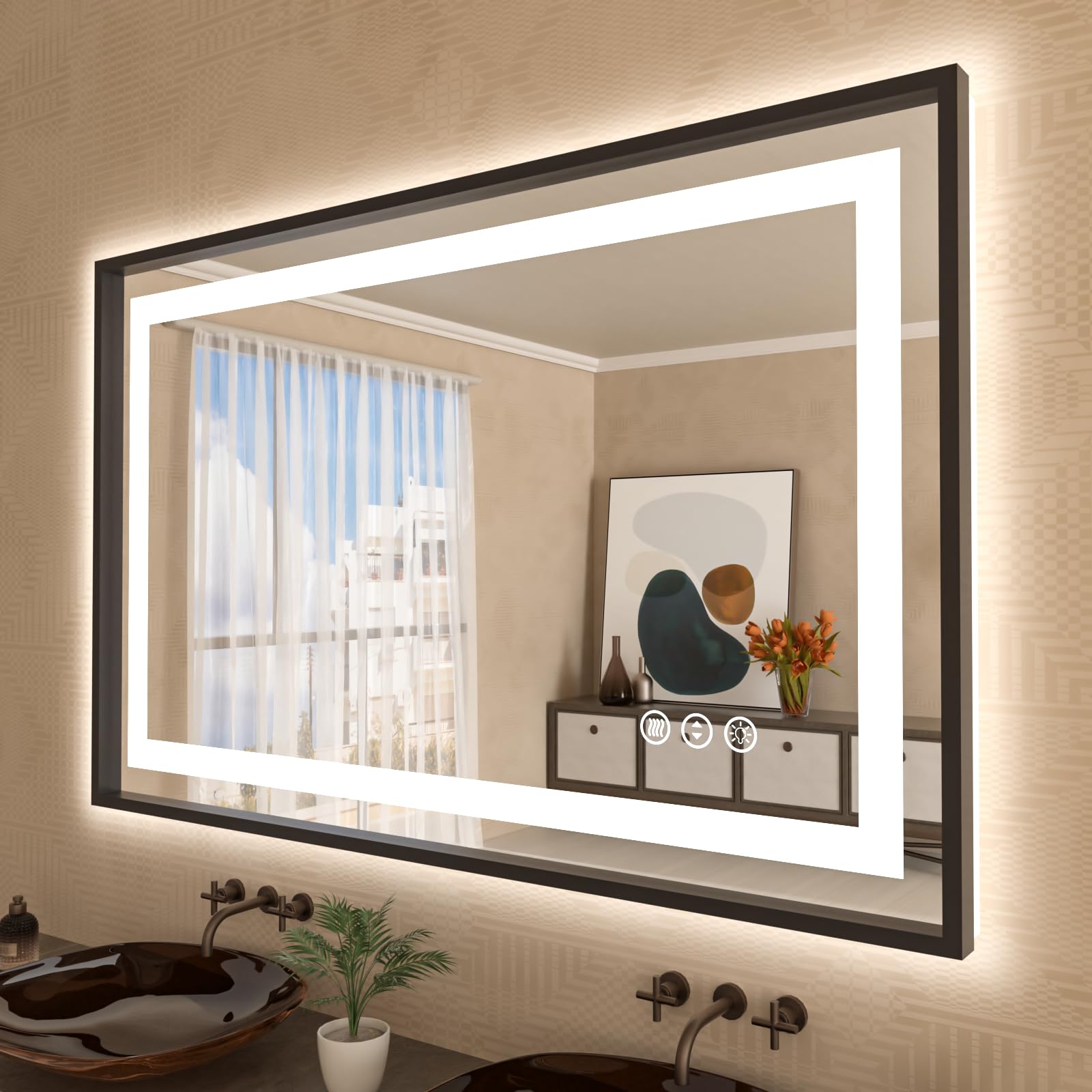 Amorho 48''X 30'' Black Led Mirror For Bathroom, Front Light And Backlit Framed Mirror, Stepless Dimmable, Anti-Fog, Shatter-Pro