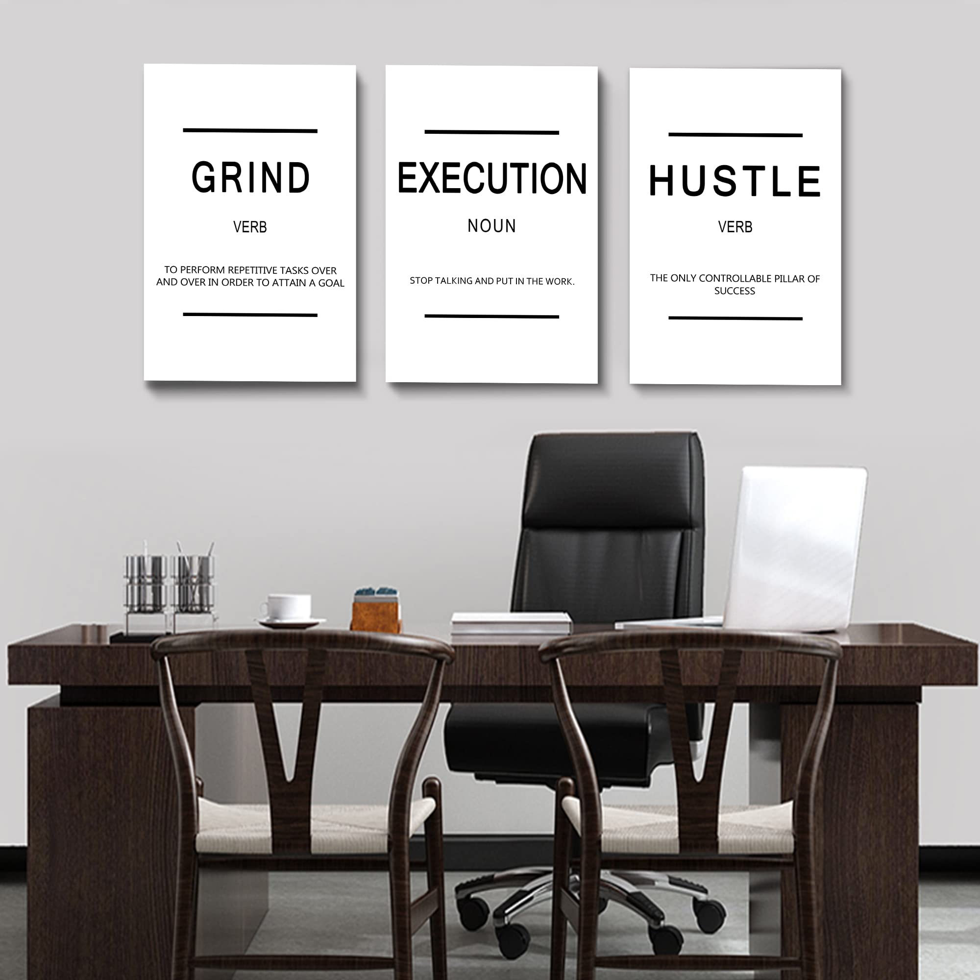 Framed Canvas Wall Art Success Quote, Office Wall Art, White Large Poster, Positive Motivational Set Of 3 Prints, Grind Executio
