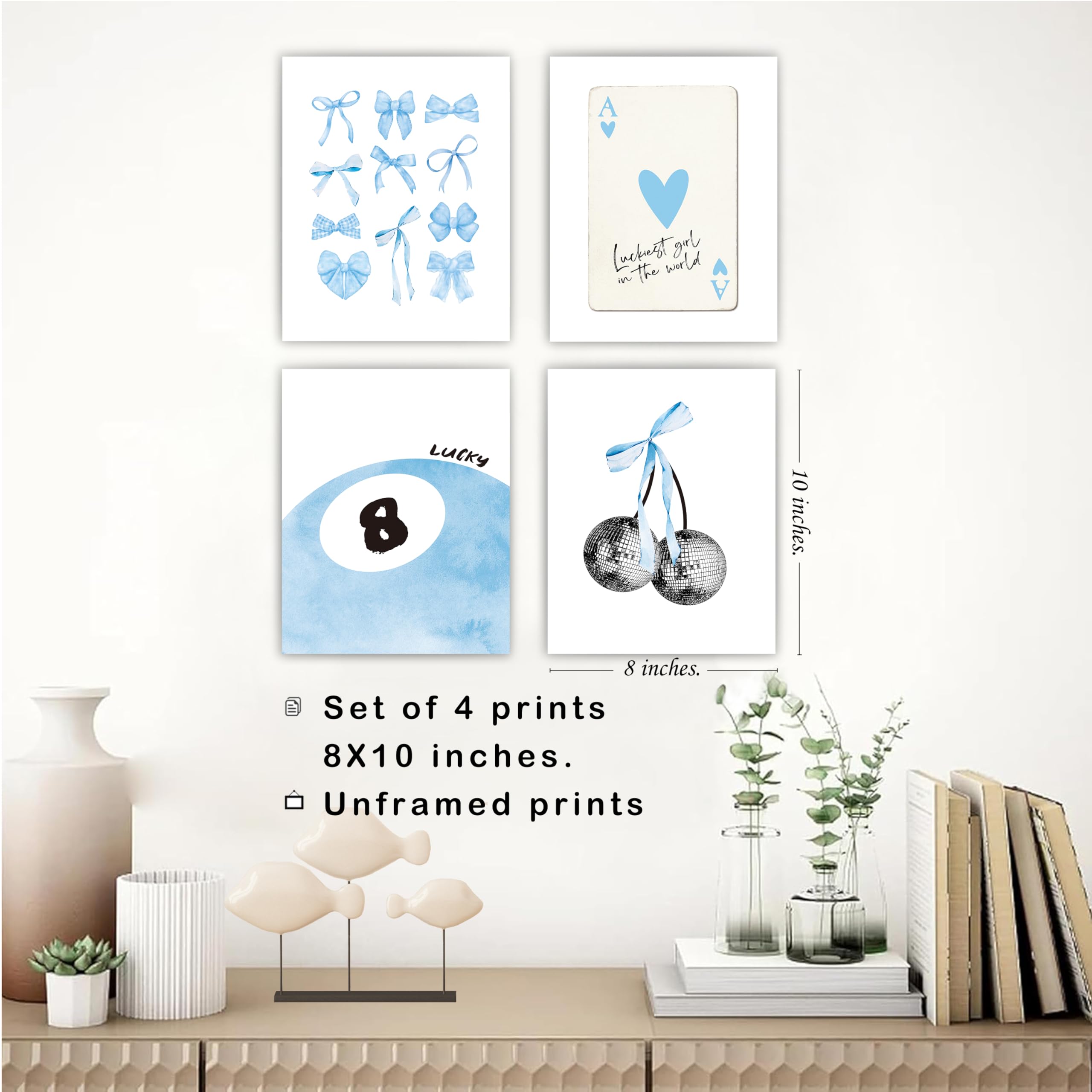 Okaxscm Blue Coquette Trendy Preppy Wall Art Prints Set Of 4, Coquette Room Decor, Preppy Room Decor Aesthetic, Blue Bow Disco 8