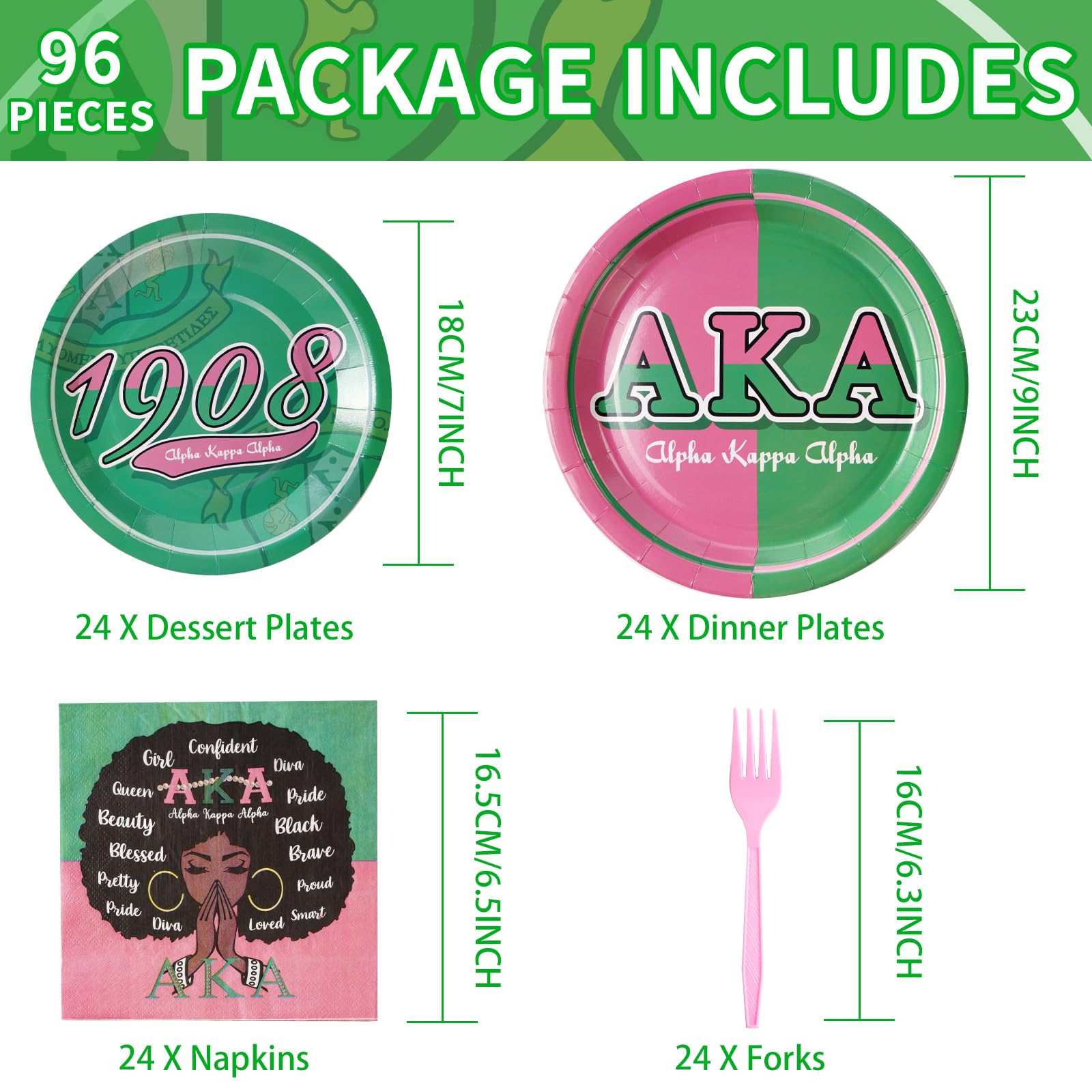 96Pcs Aka Party Supplies Aka Party Plates Disposable Hip Hop Style 1908 Pink Green Aka Paper Tableware Set For Women Girls Kids