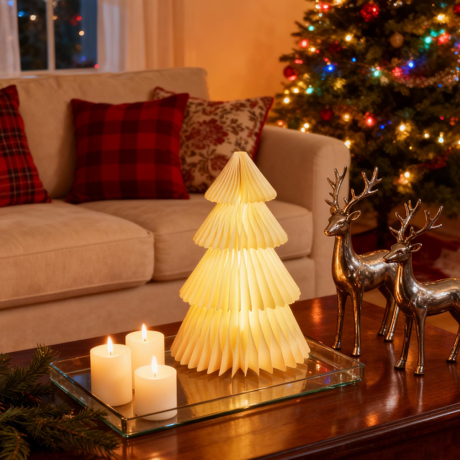 OBBOLO White Paper Christmas Tree, 15 Inch Honeycomb Christmas Tree Glow, White Honeycomb Trees Tabletop Decorations for Holiday