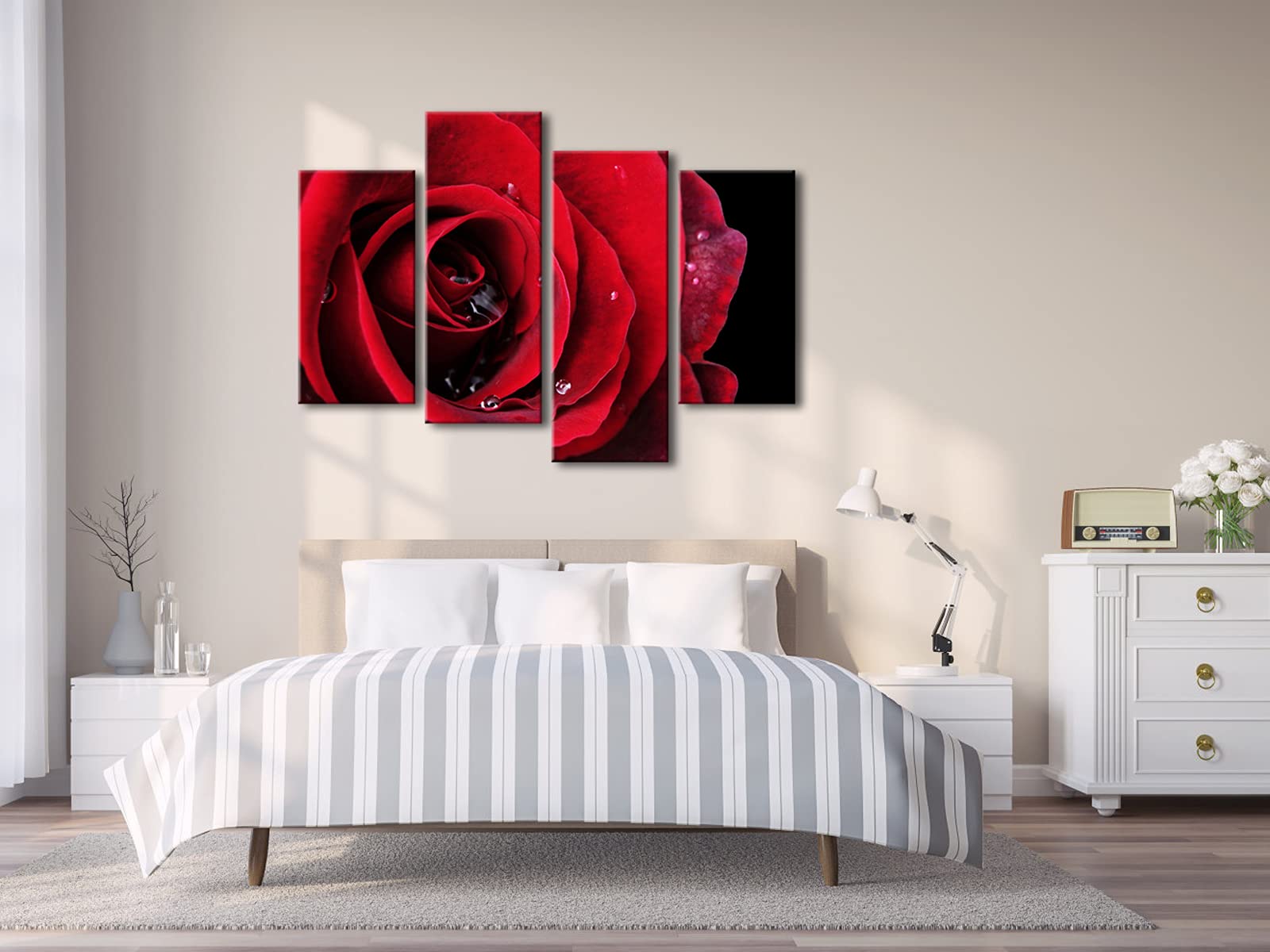 Wieco Art Red Rose On Black Large Modern Stretched And Framed Flowers Giclee Canvas Prints 4 Panels Floral Pictures Paintings On