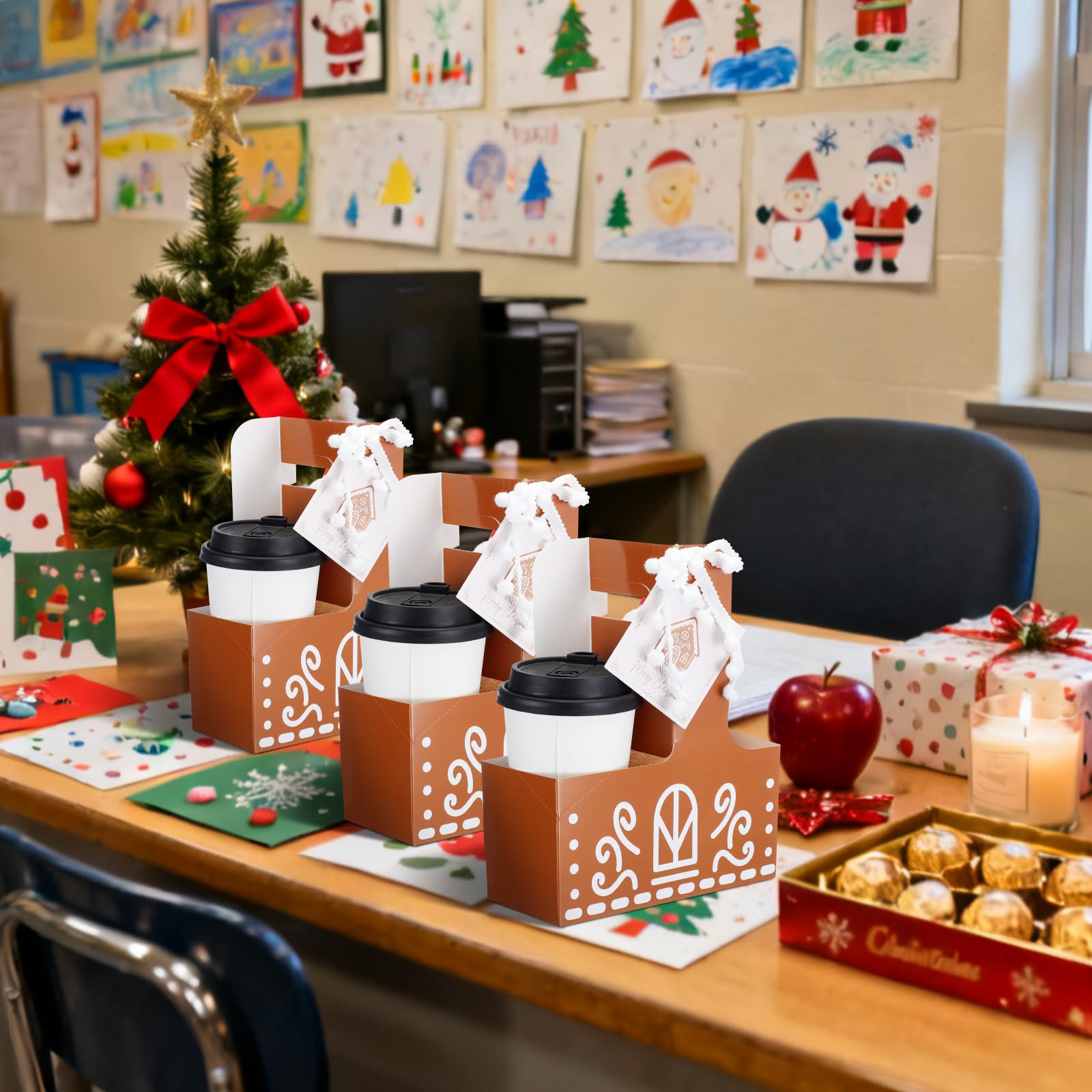 Marspark 12 Set Christmas Drink Carrier with Handle 2 Cup Gingerbread House Drink Carrier Gingerbread Gift Bags with Greeting Ca