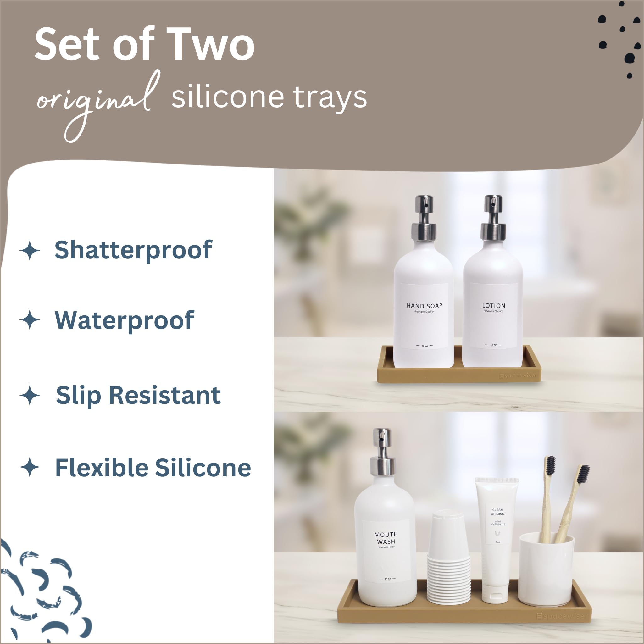 Spacewiser Countertop and Vanity Tray - 2 PC (11? and 7?) Shatterproof Silicone Kitchen and Bathroom Trays for Counter  Kitchen Soap Dispenser Tray  Vanity Trays for Bathroom  Perfume Key Tray