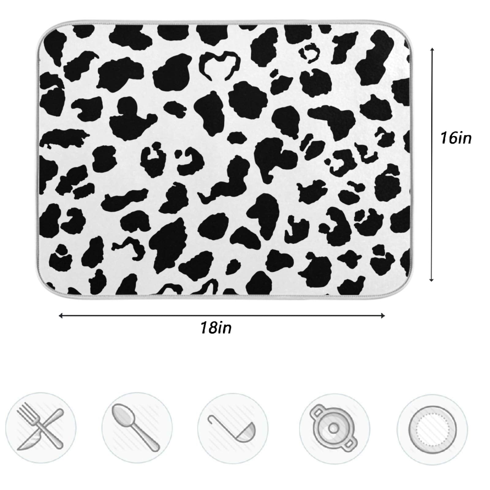 Zzwwr Cute Black White Cow Skin Absorbent Dish Drying Mat Microfiber Kitchen Countertop Table Protector Multi-Purpose Counter Ra
