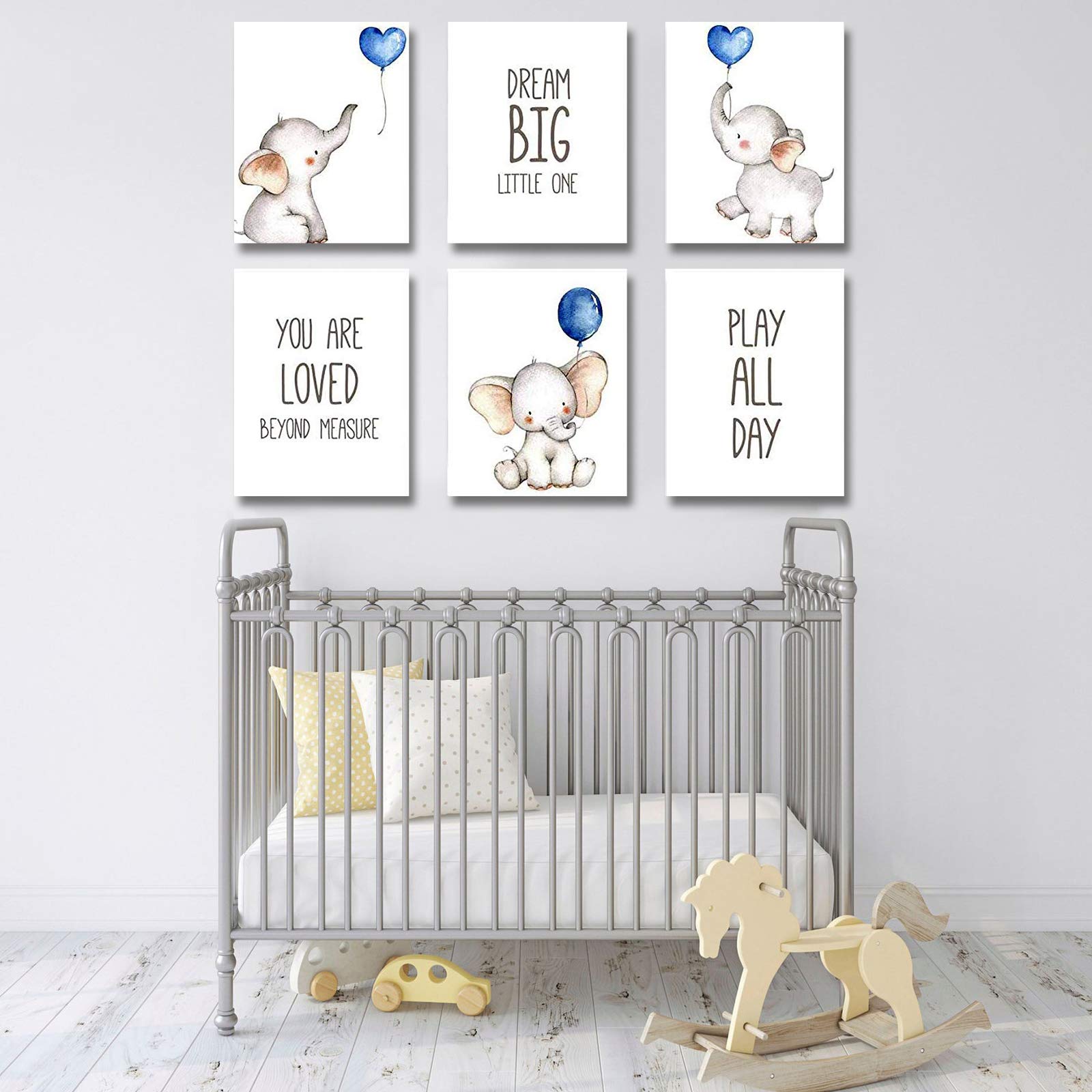 iMagitek Set of 6 Unframed Baby Boy Nursery Wall Art Prints  Blue Elephant Nursery Wall Decor  Elephants with Blue Balloons Wall Art Decorations for Baby Boy Nursery  Boy's Room (8'' x 10'')