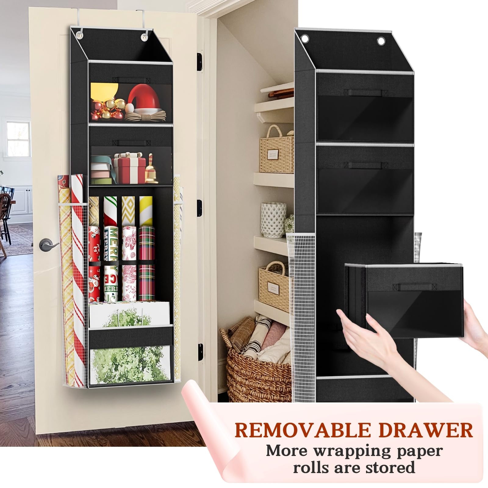 Black Over Door Wrapping Paper Organizer Storage with 3 Removable Drawers & Side Pockets - Dual Use Design with Elastic Straps -