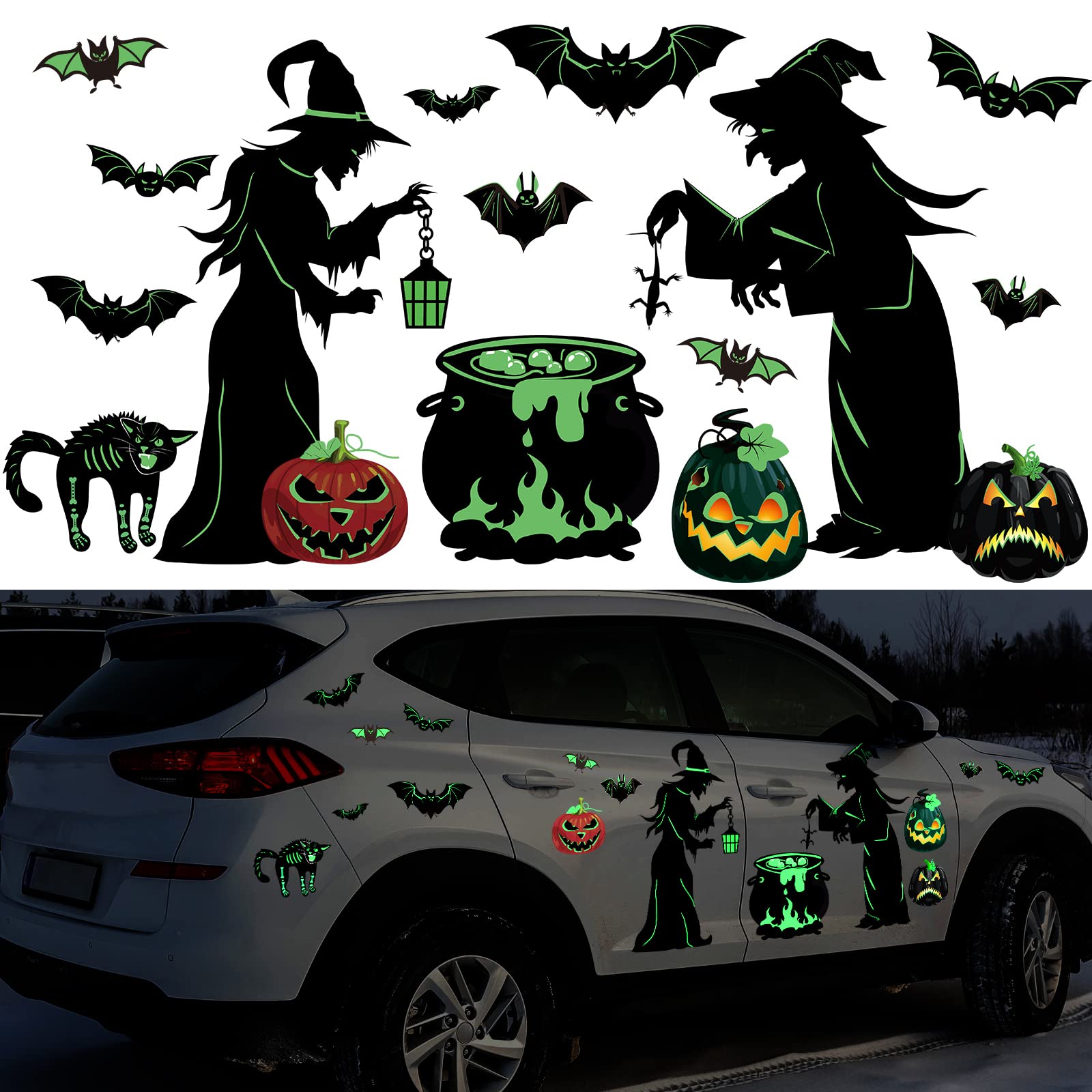 Funrous 16 Pieces Halloween Magnet Decorations Luminous Halloween Fridge Magnet Pumpkin Witch Bats Reflective Sticker for Metal 