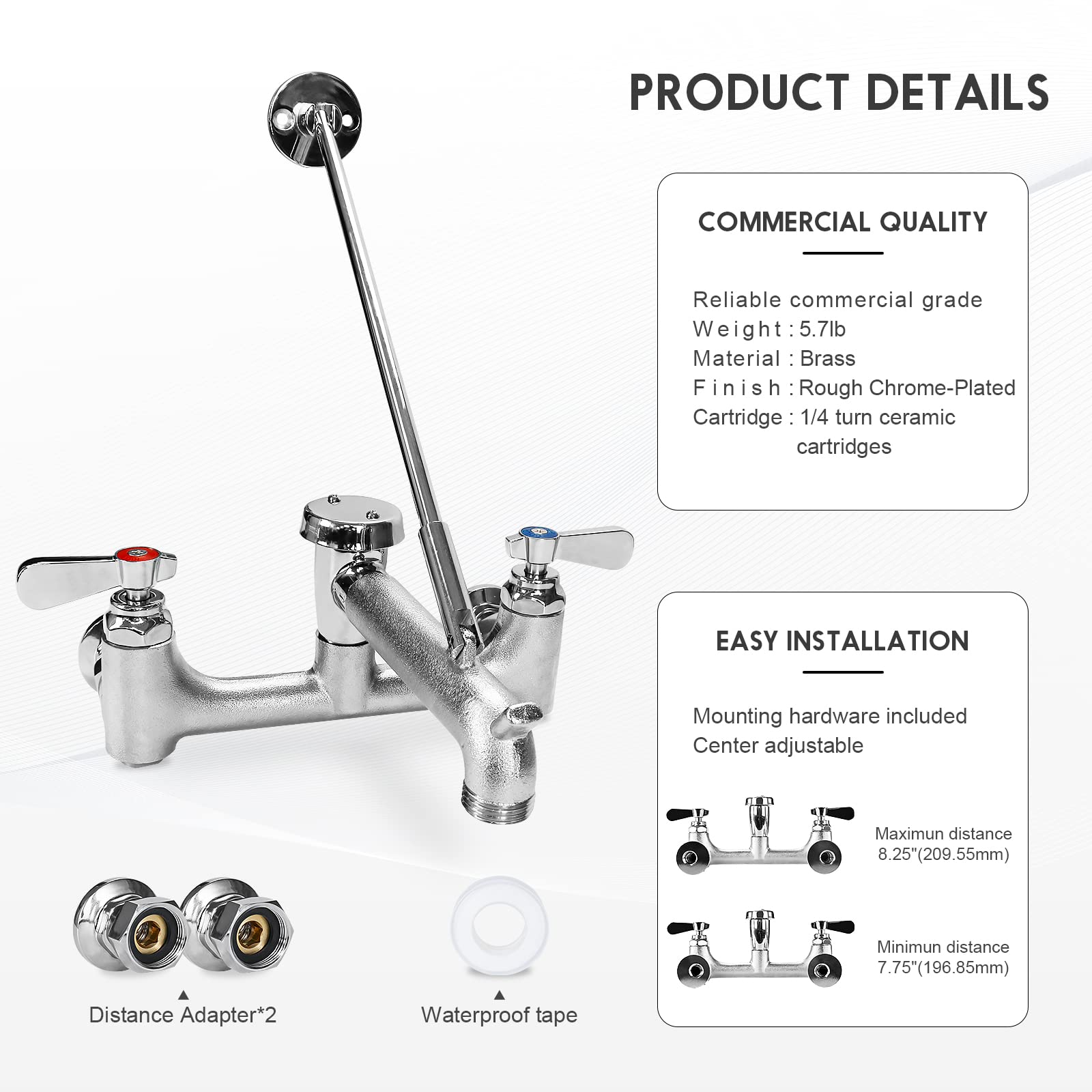 ZKDAUSDO Commercial Mop Sink Faucet with 6-1/2" Spout, Wall Mount, Brass, Rough Chrome, Model ZKD-WMV08