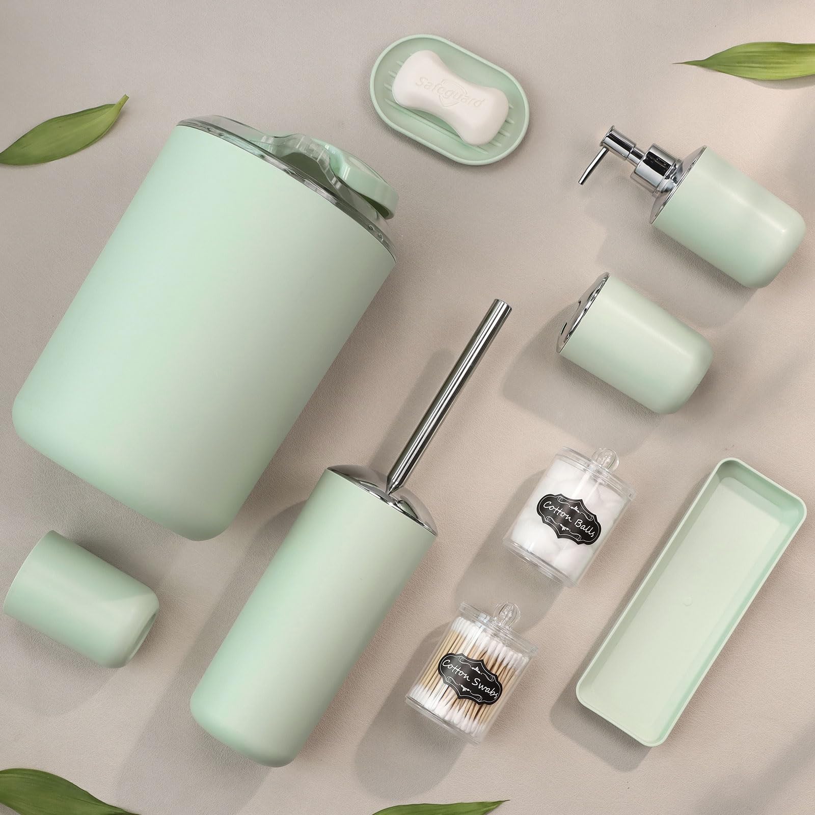 Imavo Bathroom Set - 9 Pcs Green Bathroom Accessories Set With Trash Can,Tray,Soap Dispenser,Soap Dish, Toothbrush Holder,Toothb