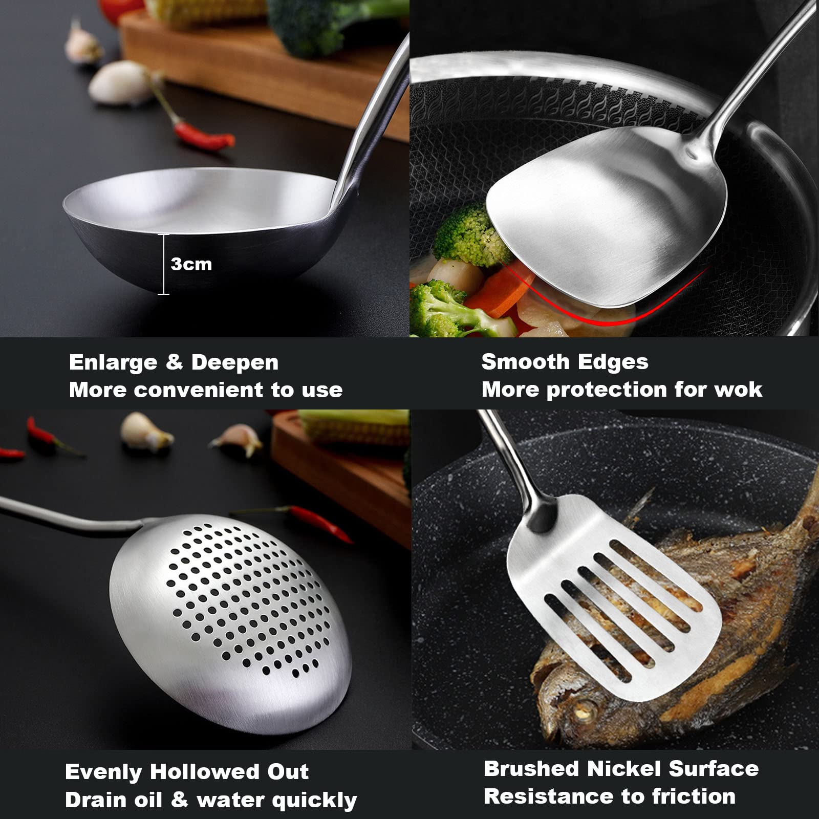 Niitawh Wok Utensils For Carbon Steel, Stainless Steel Wok Spatula Metal, 4-Pieces 17 Inch Extra Long, Wok Tools Professional Se